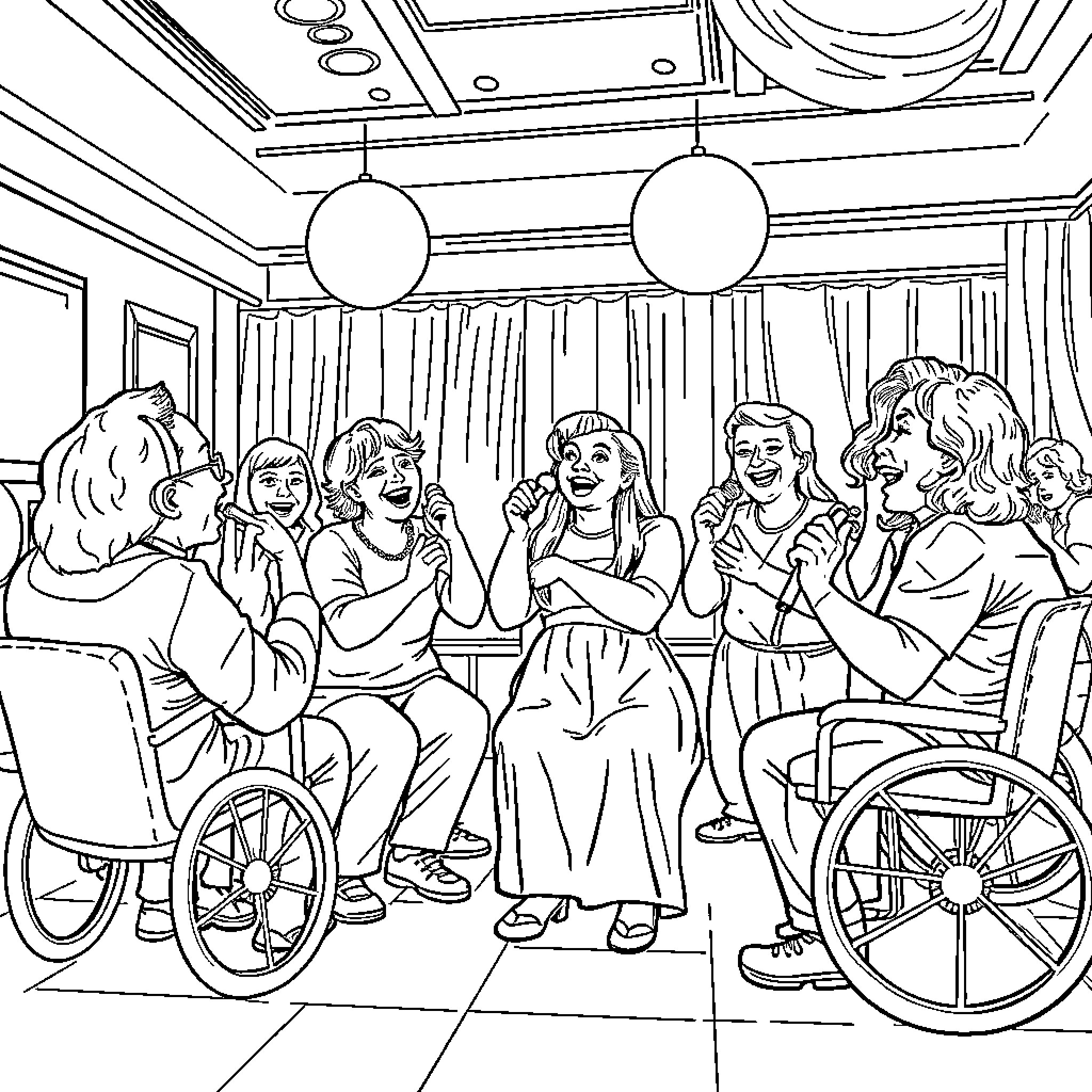 Adult gathering with people in wheelchairs Coloring Page (free black-and-white line drawing printable PDF for all, from beginners to advanced learners, including children, teens, adults, and seniors)