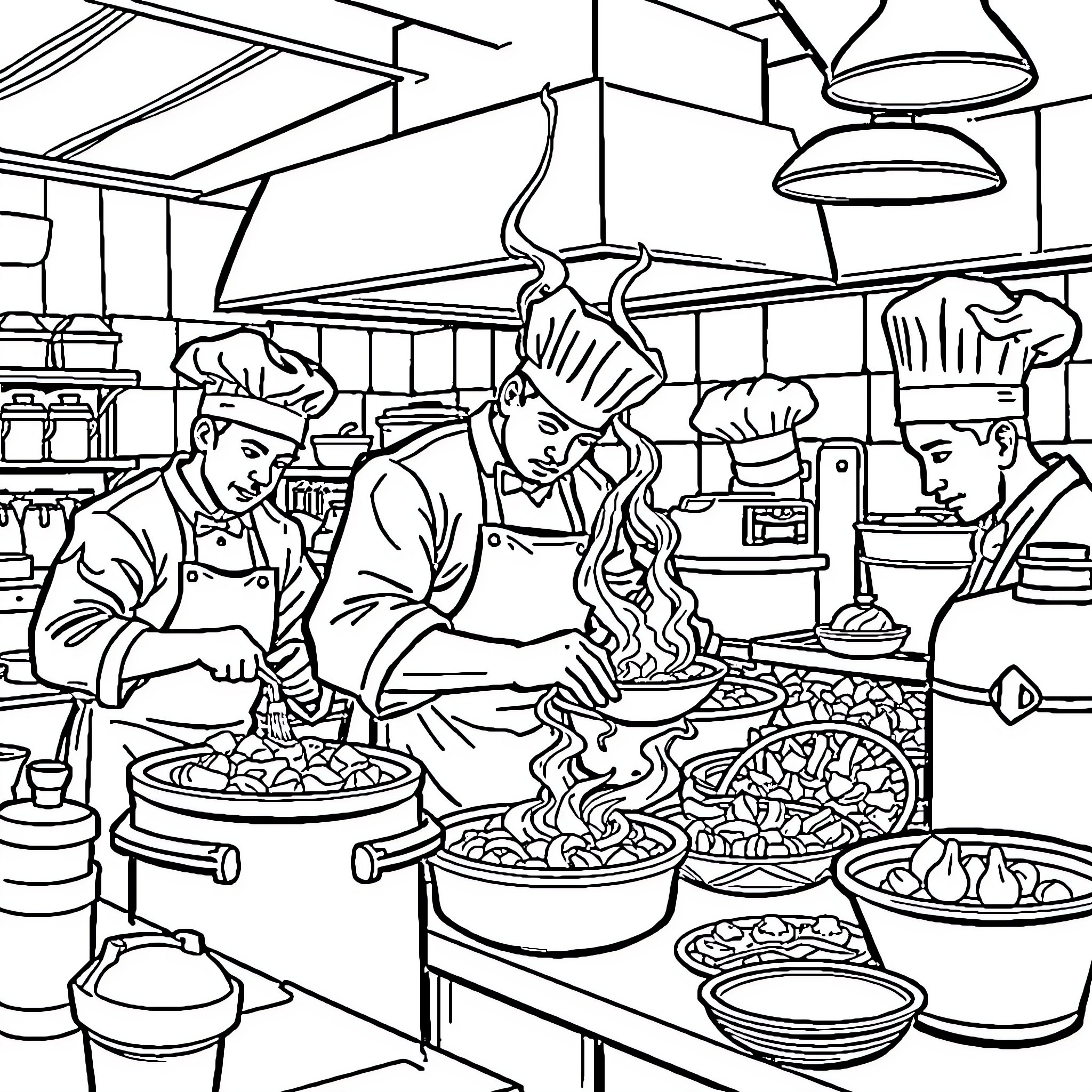 Chef Preparing Delicious Dishes in the Kitchen Coloring Page (free black-and-white line drawing printable PDF for all, from beginners to advanced learners, including children, teens, adults, and seniors)