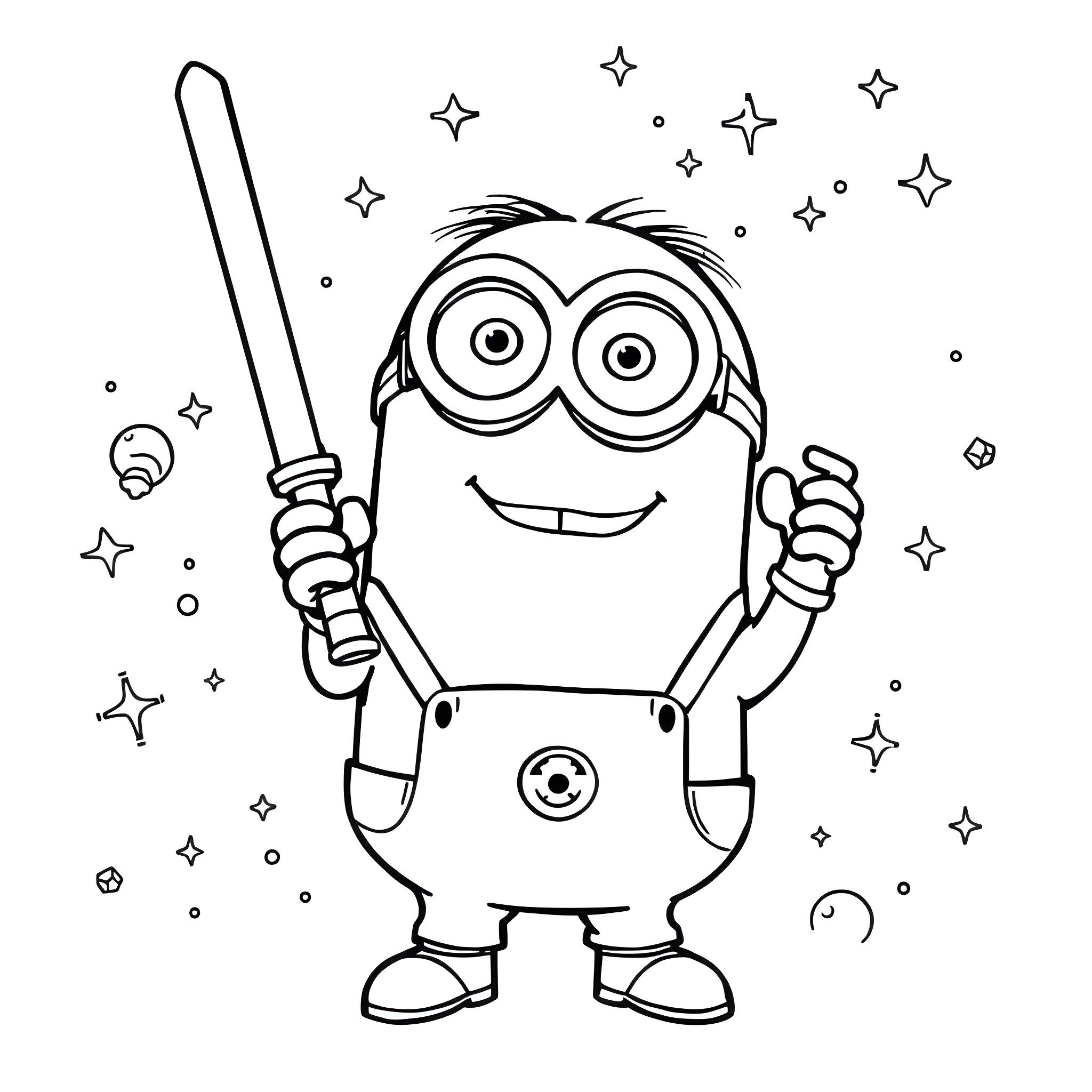 Minion wielding a lightsaber in a starry scene Coloring Page (free black-and-white line drawing printable PDF for all, from beginners to advanced learners, including children, teens, adults, and seniors)