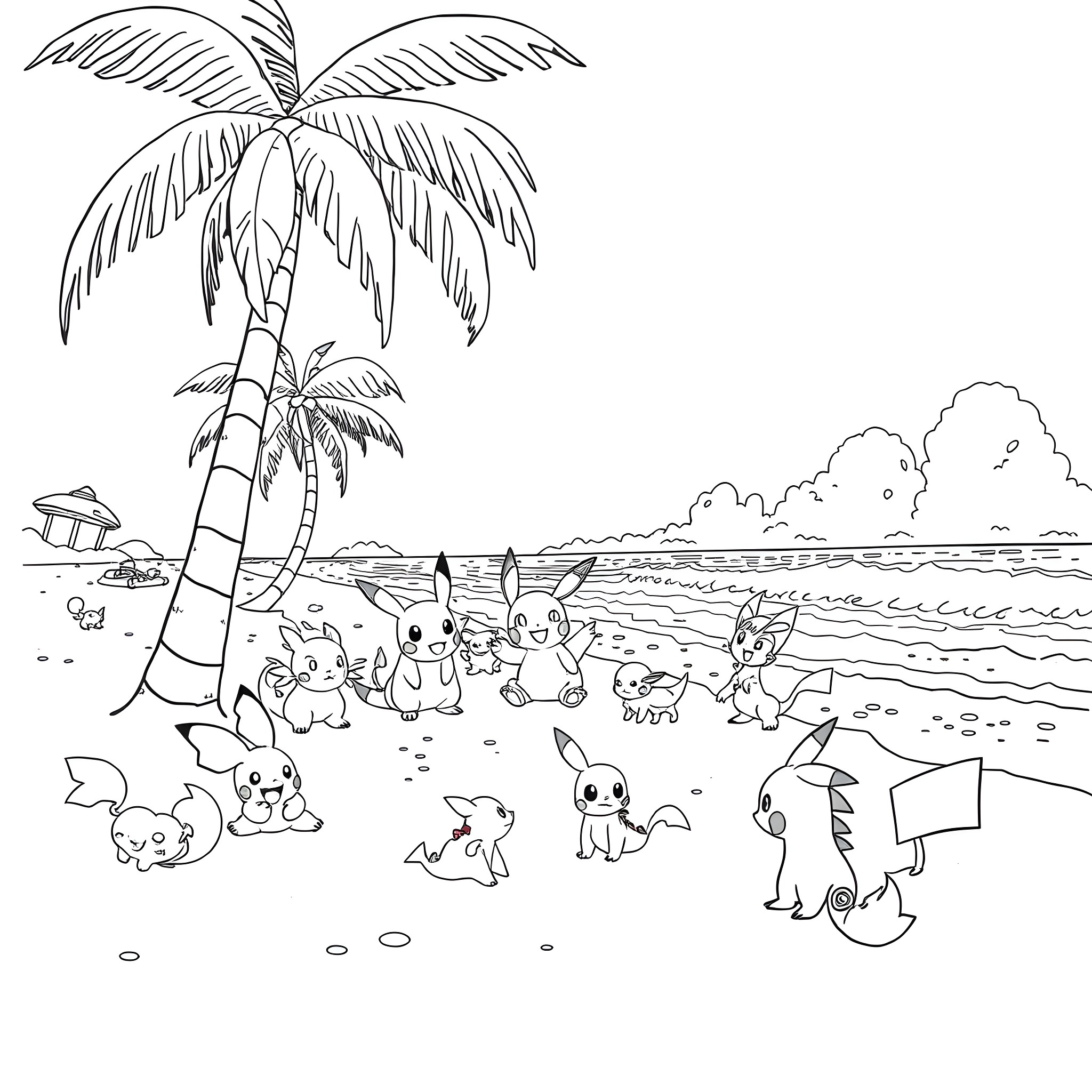 Pokémon characters frolicking on a tropical beach Coloring Page (free black-and-white line drawing printable PDF for all, from beginners to advanced learners, including children, teens, adults, and seniors)