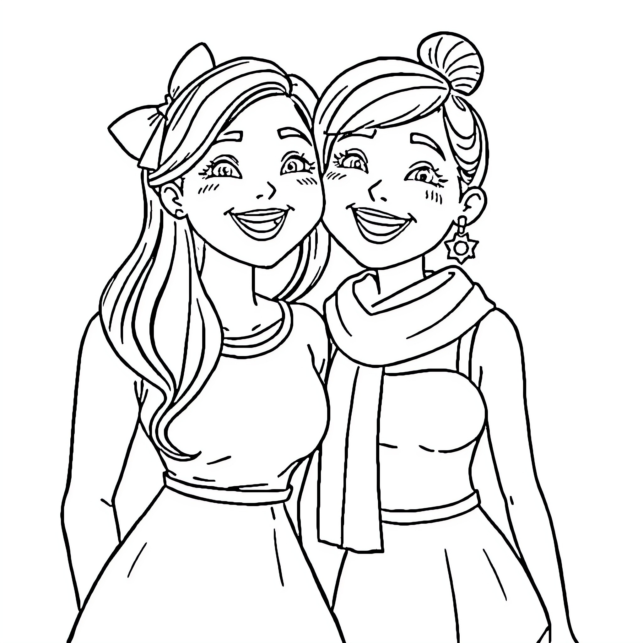 Kira and Karla's Joyful Friendship Coloring Page (free black-and-white line drawing printable PDF for all, from beginners to advanced learners, including children, teens, adults, and seniors)
