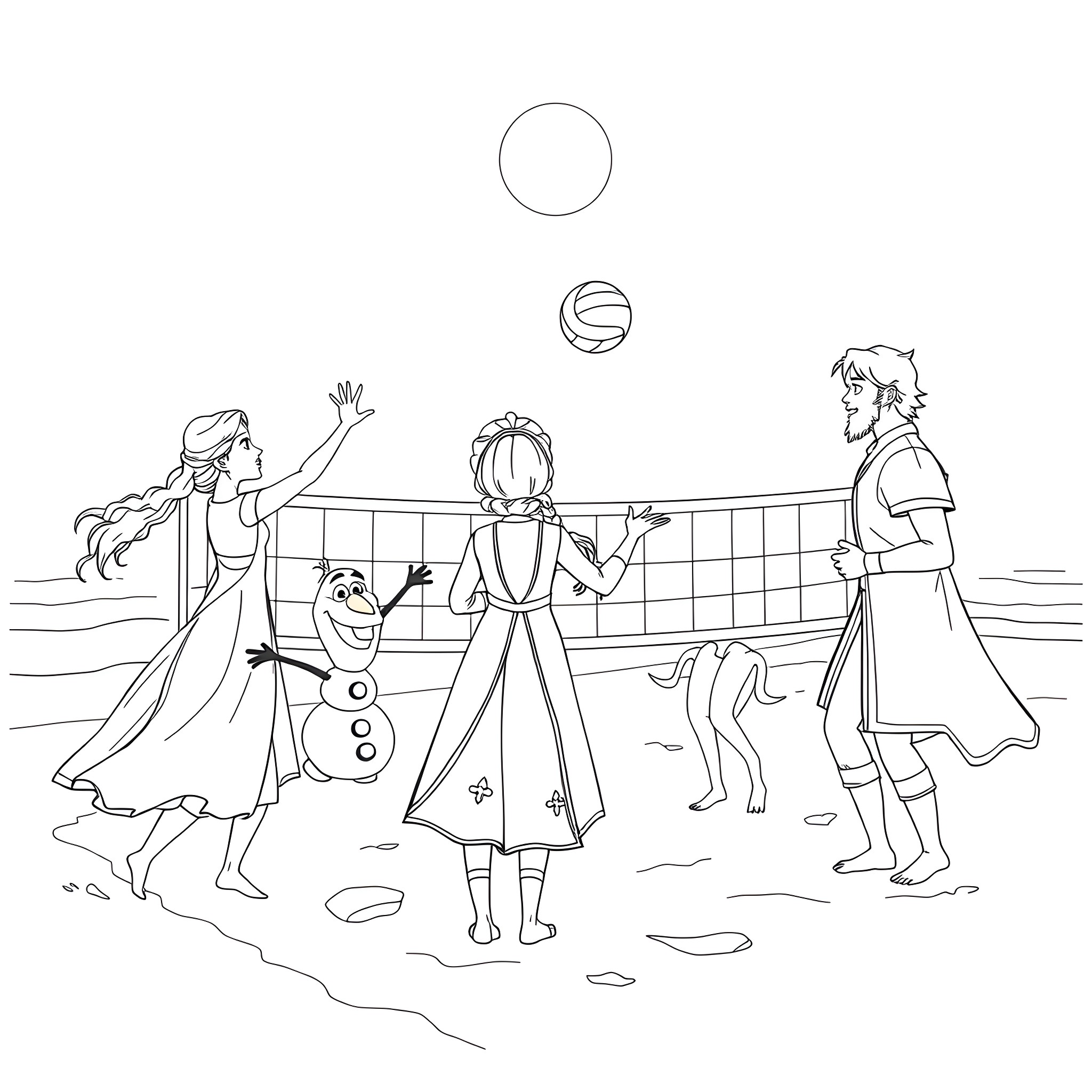 Anna and friends playing beach volleyball Coloring Page (free black-and-white line drawing printable PDF for all, from beginners to advanced learners, including children, teens, adults, and seniors)