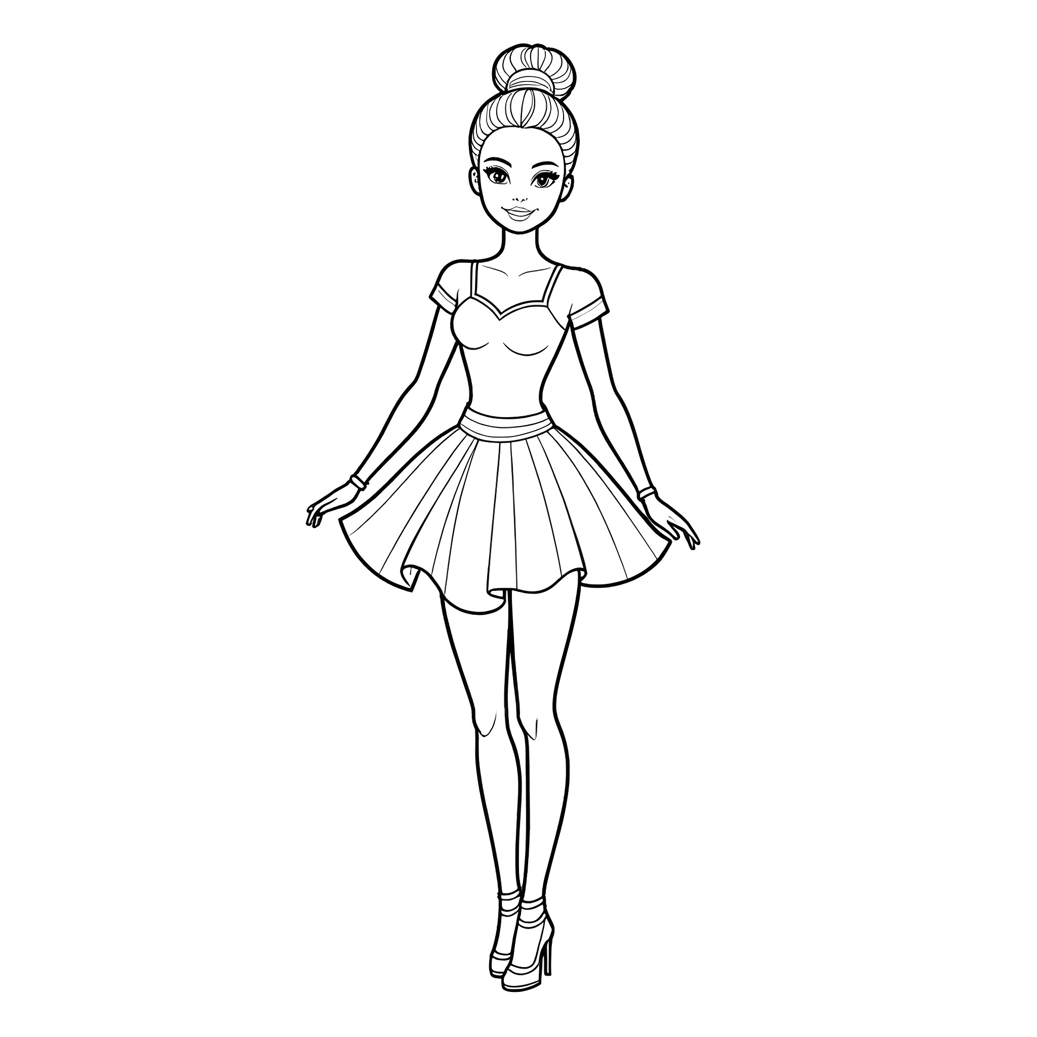 Barbie ballerina posing gracefully Coloring Page (free black-and-white line drawing printable PDF for all, from beginners to advanced learners, including children, teens, adults, and seniors)