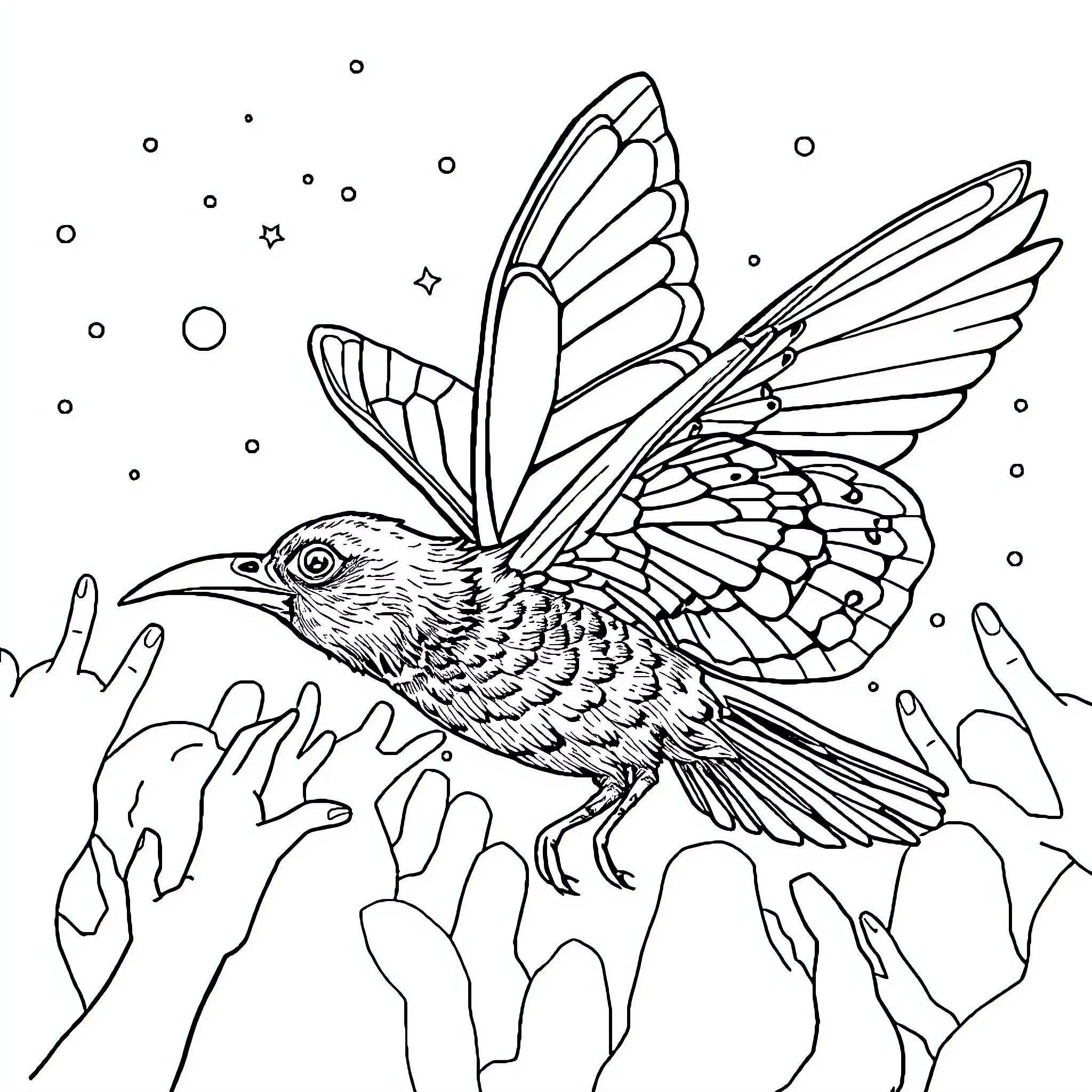 Butterfly soaring above outstretched hands Coloring Page (free black-and-white line drawing printable PDF for all, from beginners to advanced learners, including children, teens, adults, and seniors)