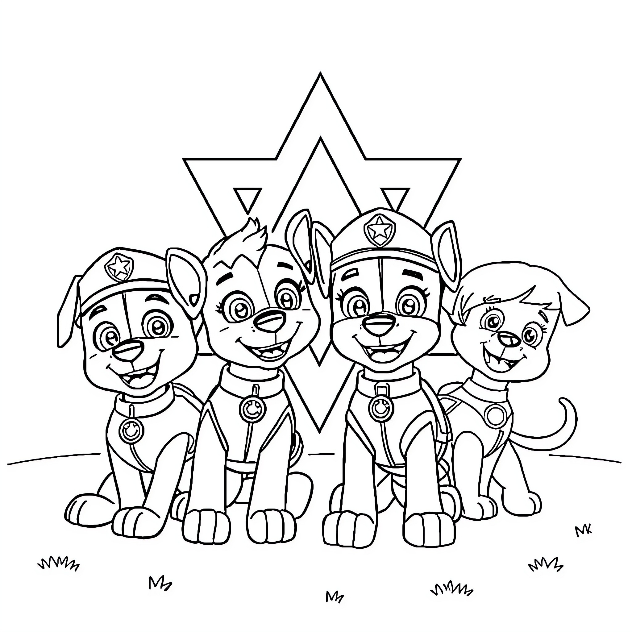 Paw Patrol team in action Coloring Page (free black-and-white line drawing printable PDF for all, from beginners to advanced learners, including children, teens, adults, and seniors)