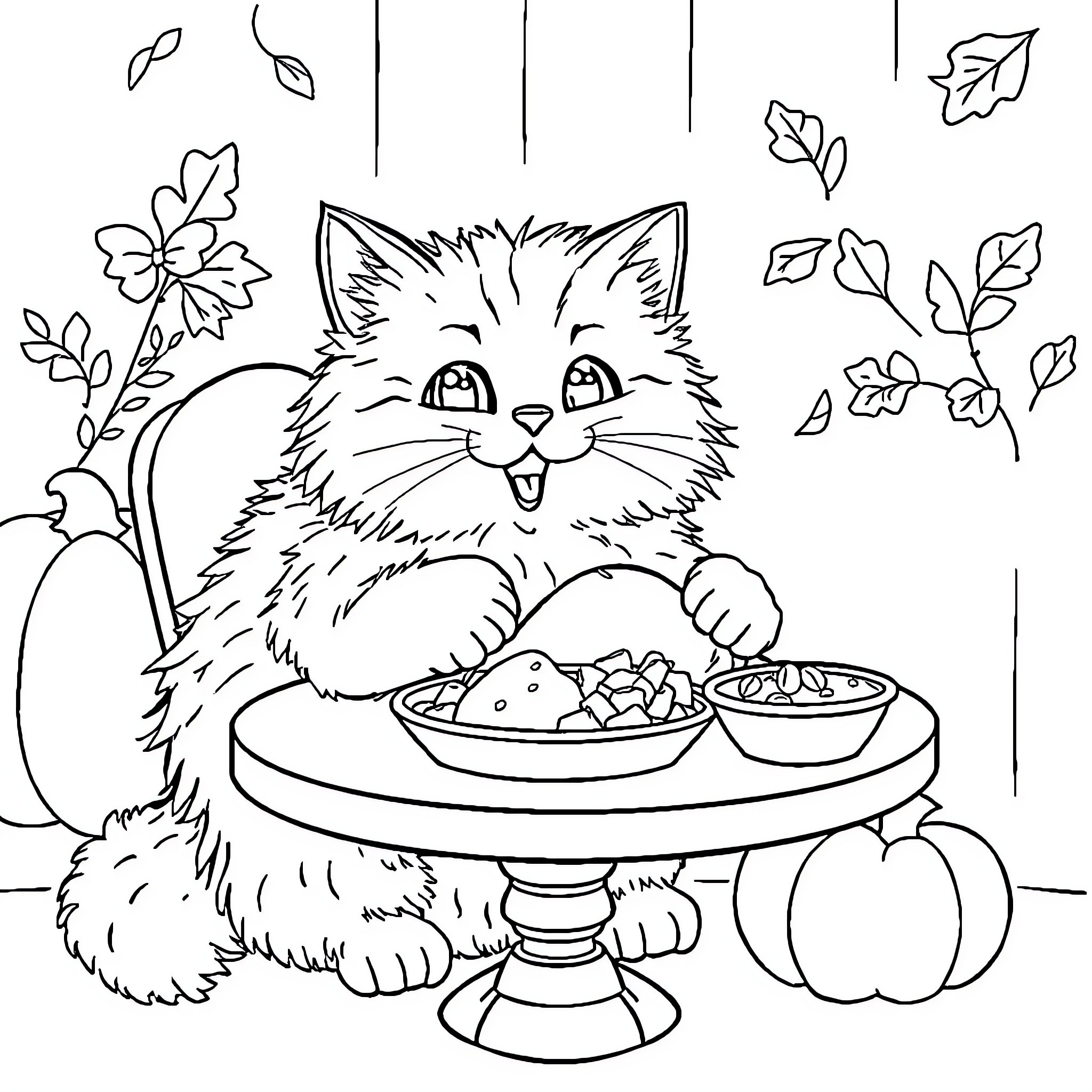 Cat enjoying a tasty meal surrounded by nature Coloring Page (free black-and-white line drawing printable PDF for all, from beginners to advanced learners, including children, teens, adults, and seniors)