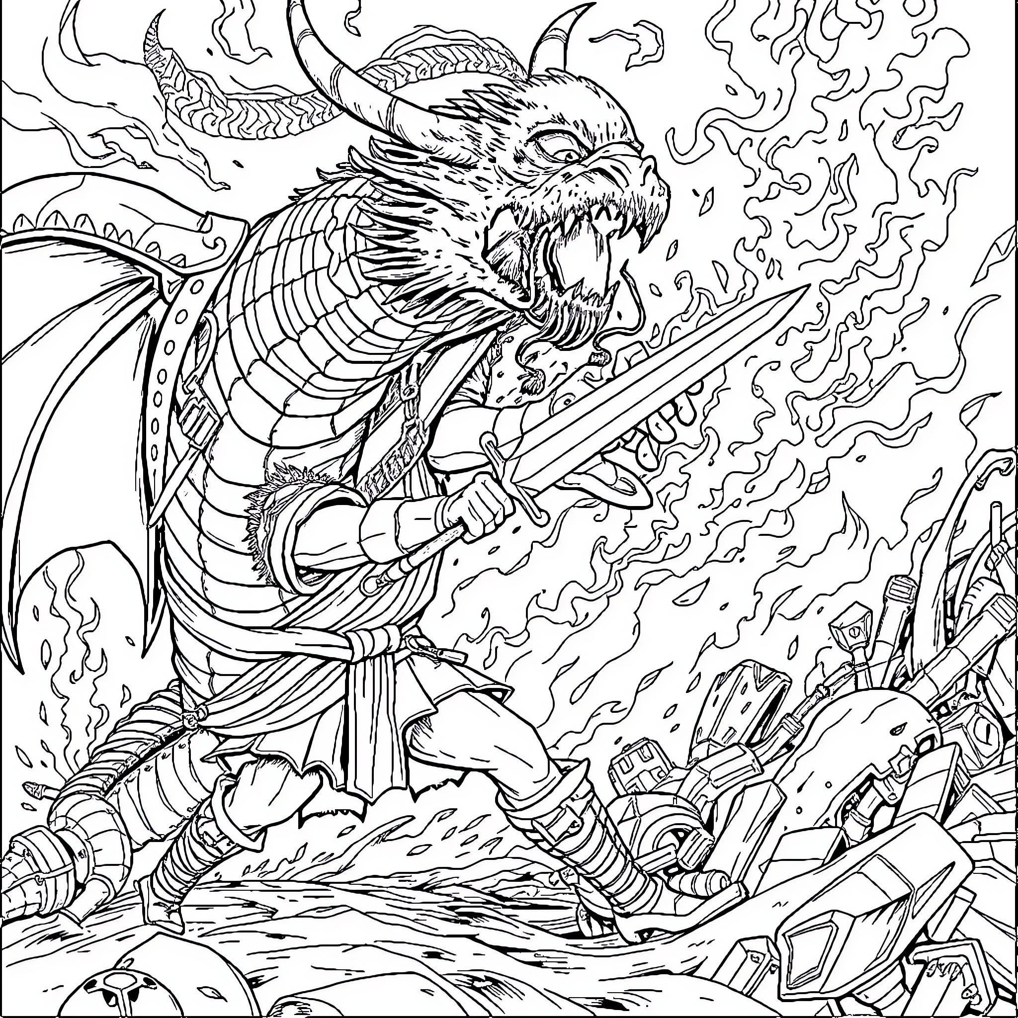 Viking Dragon Warrior Unleashing Fiery Destruction Coloring Page (free black-and-white line drawing printable PDF for all, from beginners to advanced learners, including children, teens, adults, and seniors)