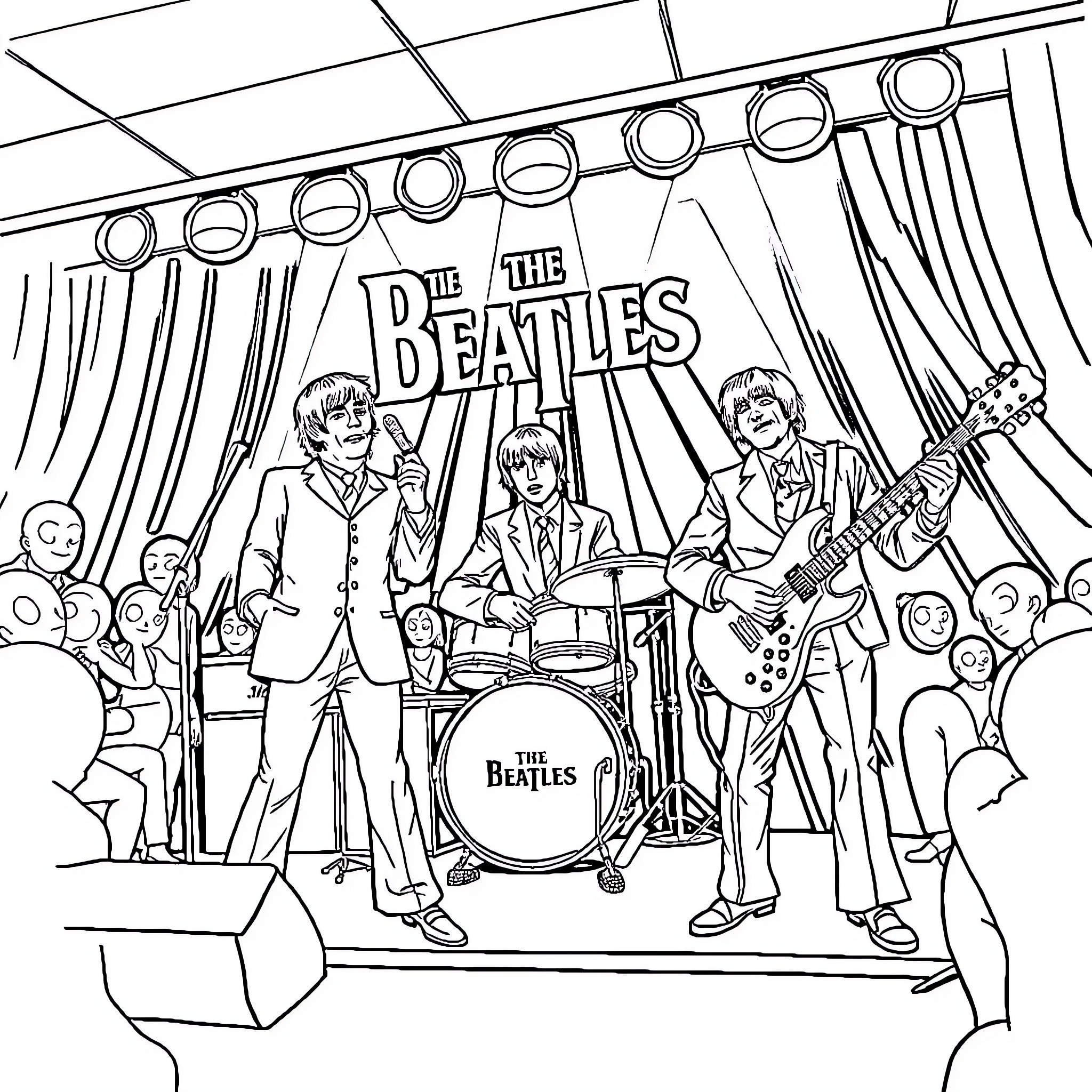Beatles performing on stage with instruments Coloring Page (free black-and-white line drawing printable PDF for all, from beginners to advanced learners, including children, teens, adults, and seniors)