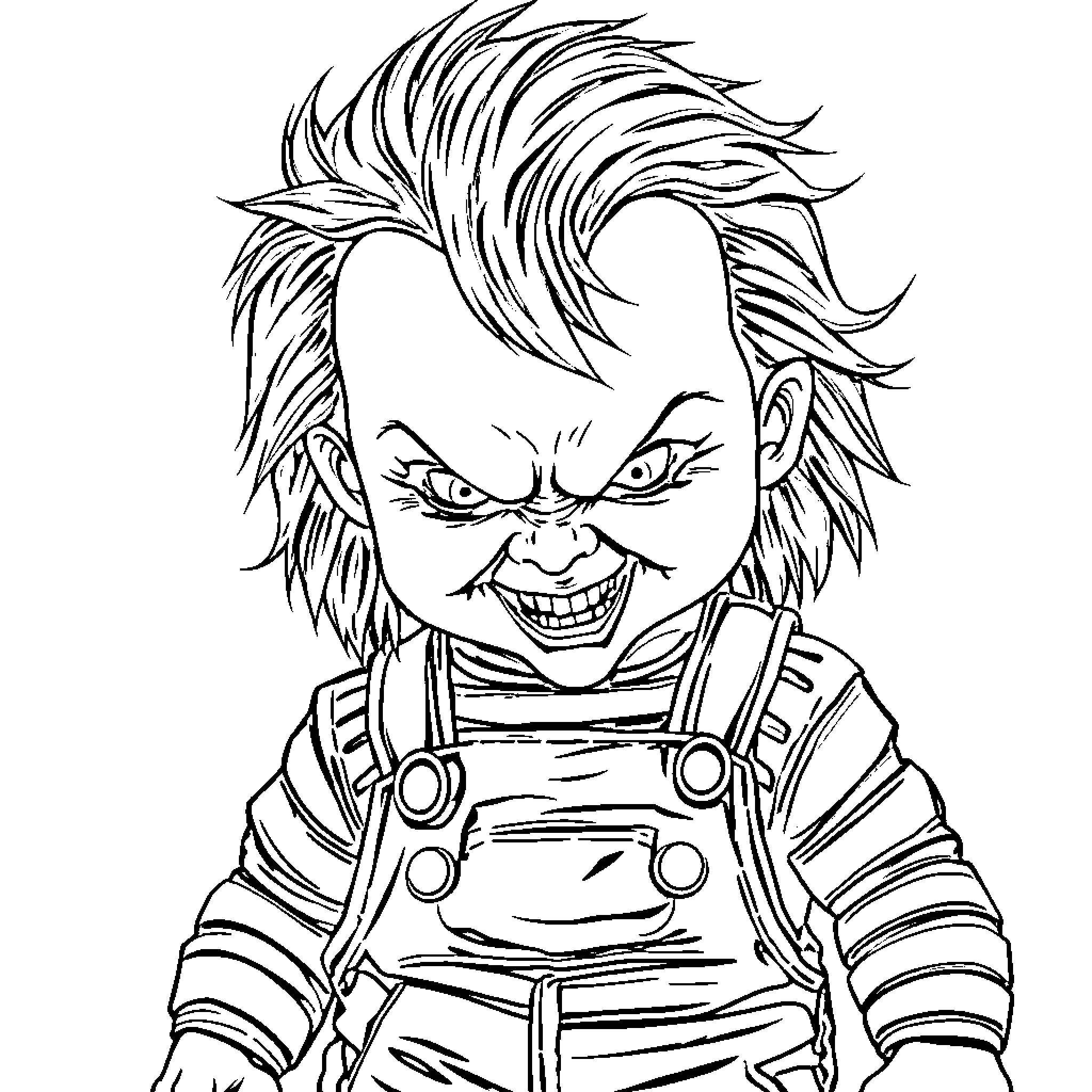 Chucky's Sinister Grin and Mischievous Demeanor Coloring Page (free black-and-white line drawing printable PDF for all, from beginners to advanced learners, including children, teens, adults, and seniors)