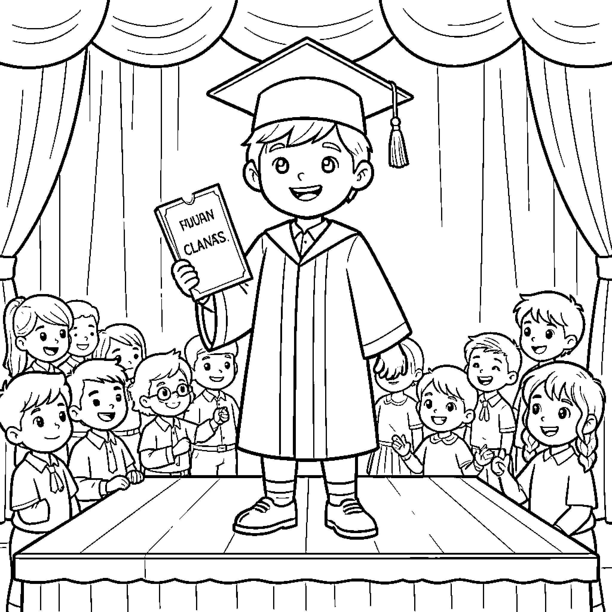 Graduate proudly holding a diploma on a stage Coloring Page (free black-and-white line drawing printable PDF for all, from beginners to advanced learners, including children, teens, adults, and seniors)