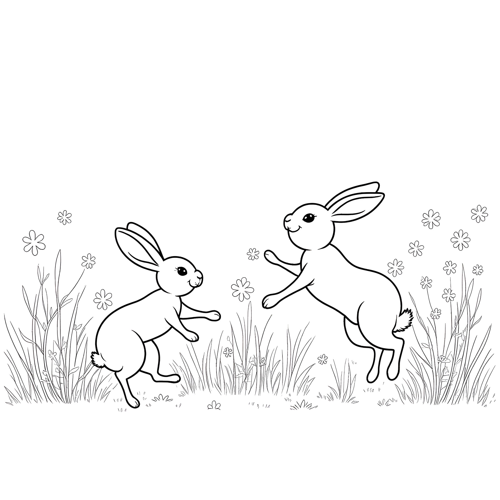 Bunny friends hopping and playing in the meadow Coloring Page (free black-and-white line drawing printable PDF for all, from beginners to advanced learners, including children, teens, adults, and seniors)