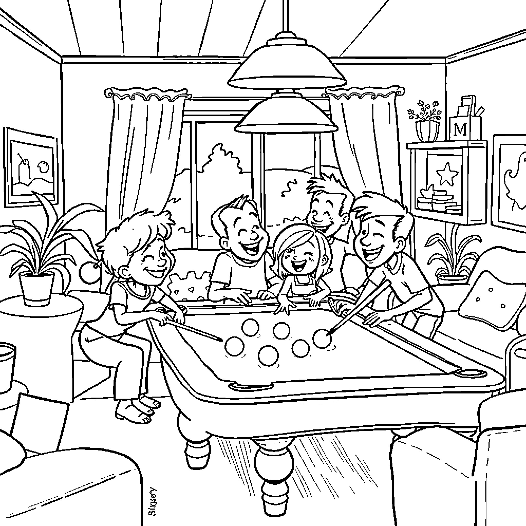 Bluey and family enjoying a lively game night Coloring Page (free black-and-white line drawing printable PDF for all, from beginners to advanced learners, including children, teens, adults, and seniors)