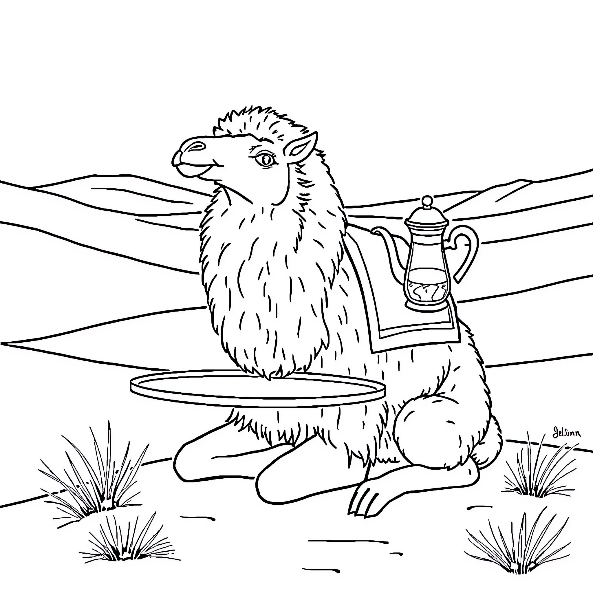 Chameau carrying a lantern in the desert Coloring Page (free black-and-white line drawing printable PDF for all, from beginners to advanced learners, including children, teens, adults, and seniors)