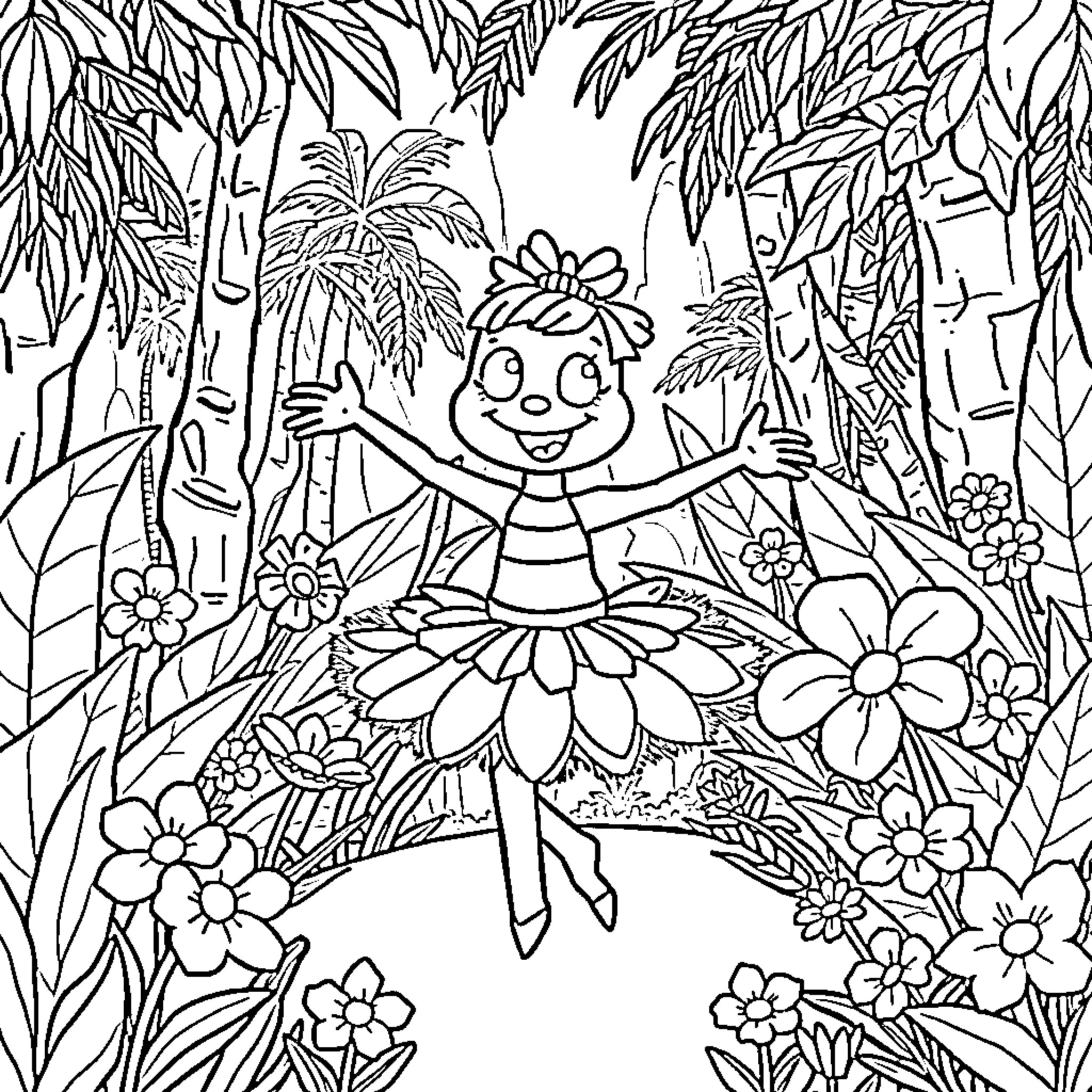 Kreeper's Floral Dance in the Jungle Coloring Page (free black-and-white line drawing printable PDF for all, from beginners to advanced learners, including children, teens, adults, and seniors)