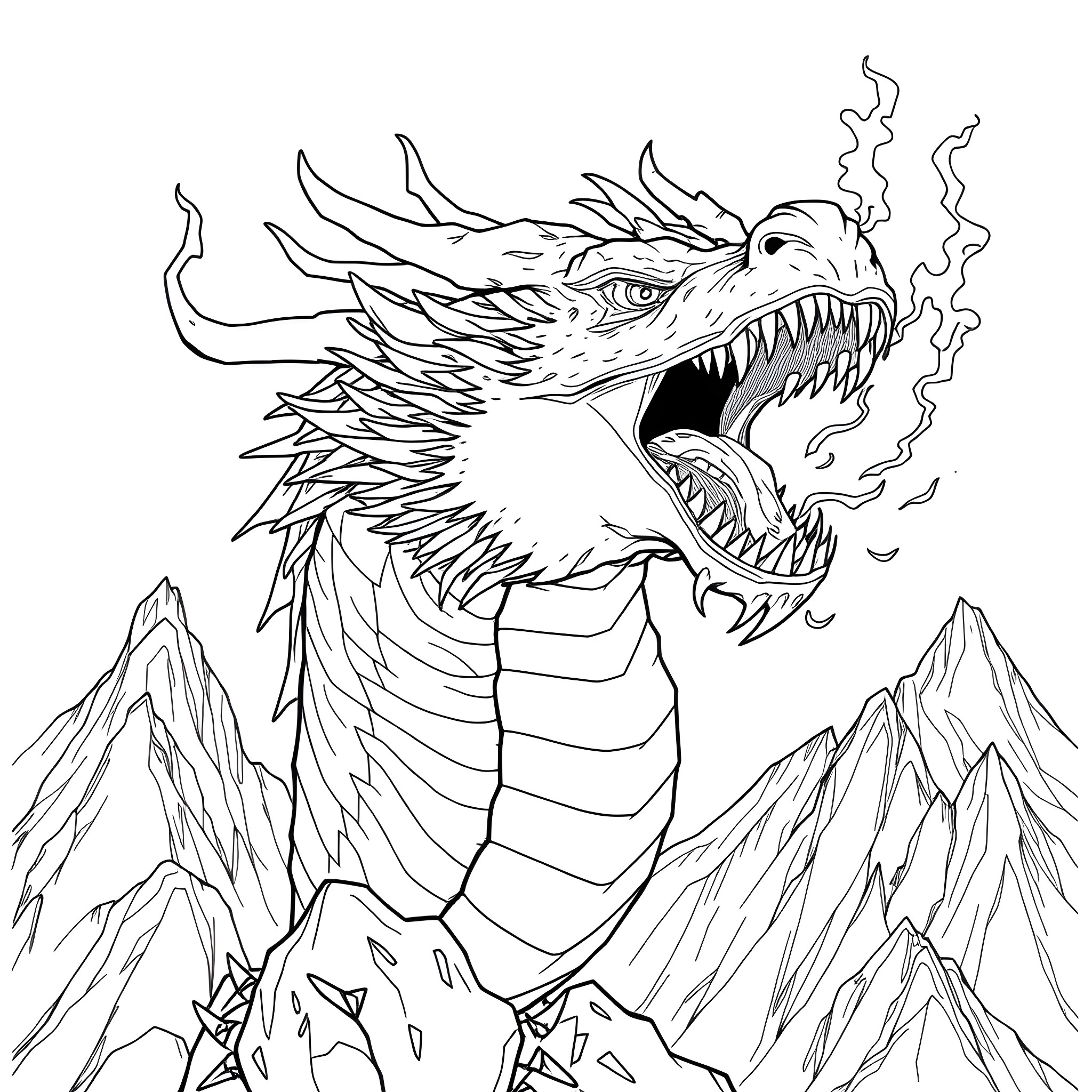 Dragon soaring fiercely over the mountains Coloring Page (free black-and-white line drawing printable PDF for all, from beginners to advanced learners, including children, teens, adults, and seniors)