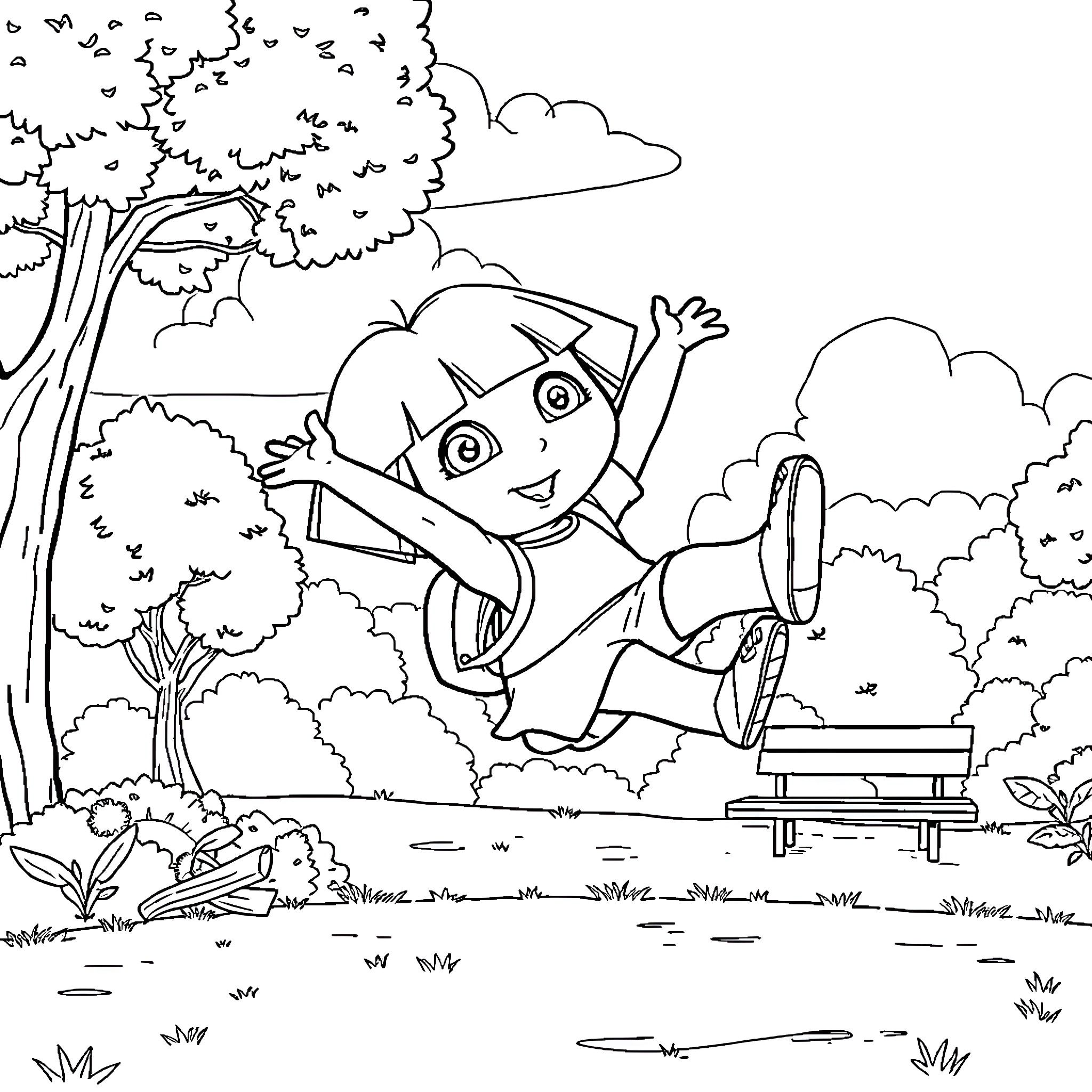 Dora exploring the outdoor park enthusiastically Coloring Page (free black-and-white line drawing printable PDF for all, from beginners to advanced learners, including children, teens, adults, and seniors)