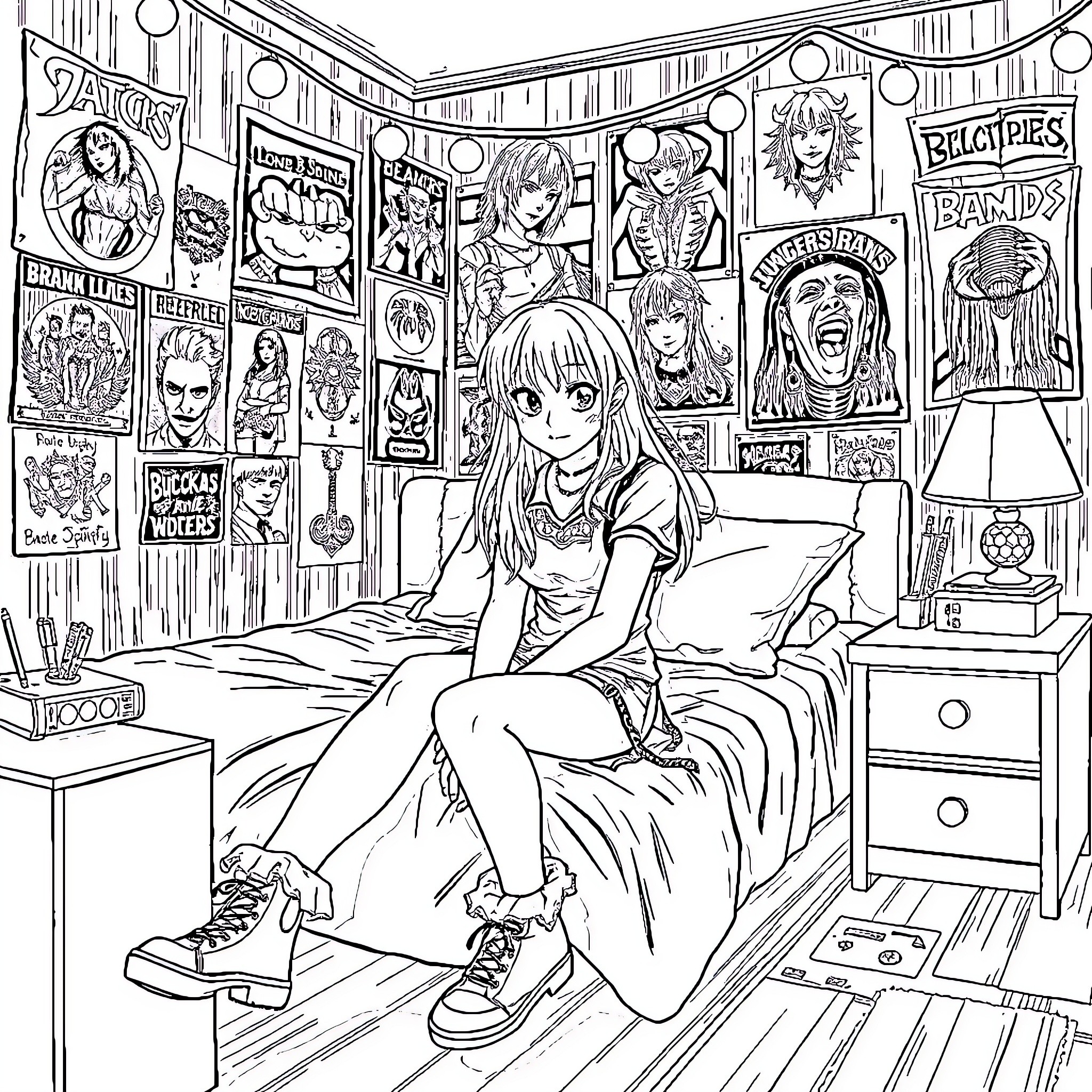 Goth Girl's Cozy Bedroom Retreat Coloring Page (free black-and-white line drawing printable PDF for all, from beginners to advanced learners, including children, teens, adults, and seniors)