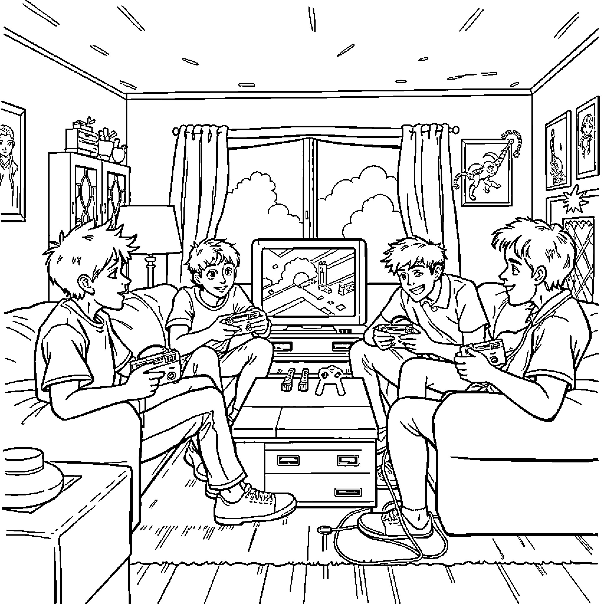Nintendo Friends Enjoying Video Games Together Coloring Page (free black-and-white line drawing printable PDF for all, from beginners to advanced learners, including children, teens, adults, and seniors)