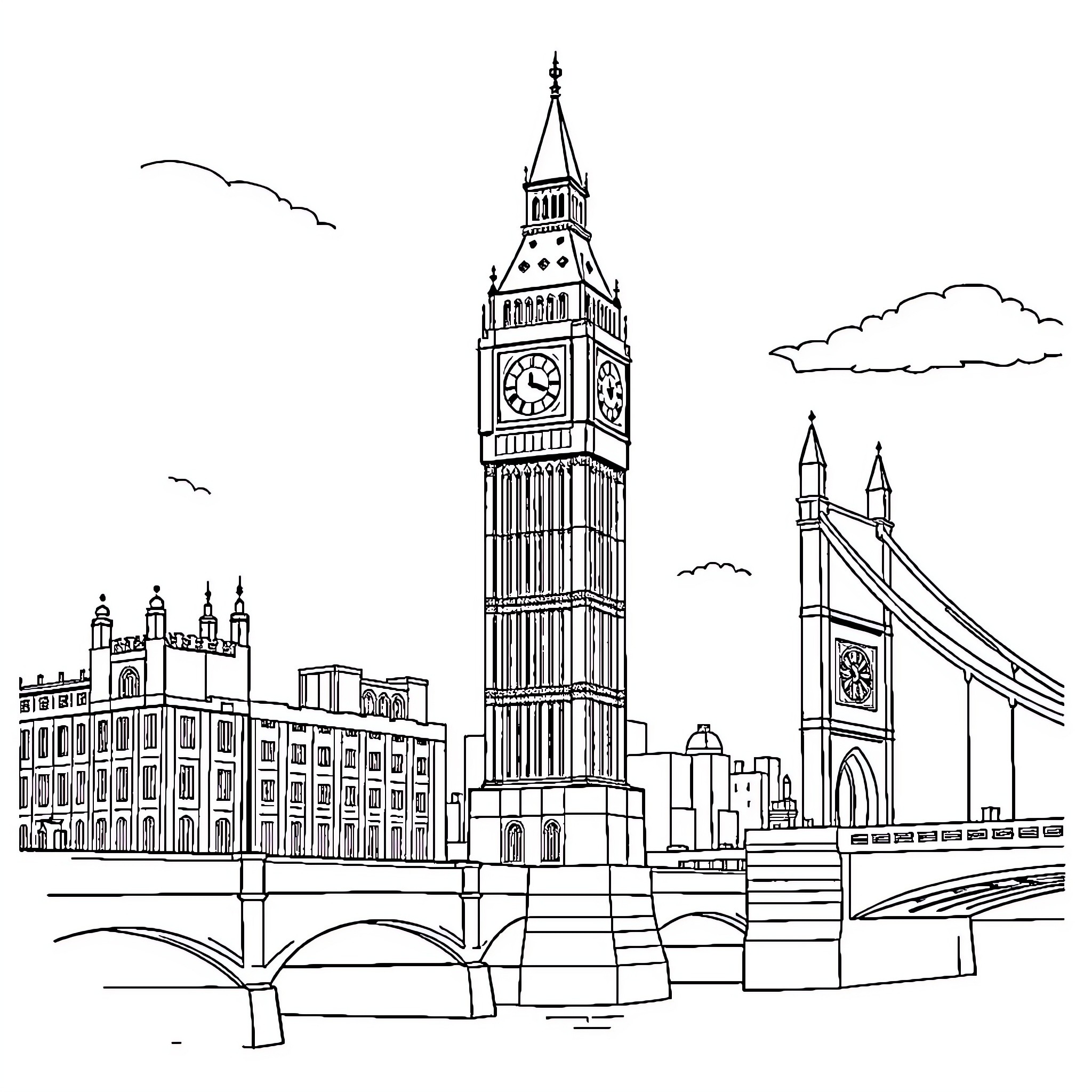 United Kingdom iconic landmarks and architecture Coloring Page (free black-and-white line drawing printable PDF for all, from beginners to advanced learners, including children, teens, adults, and seniors)