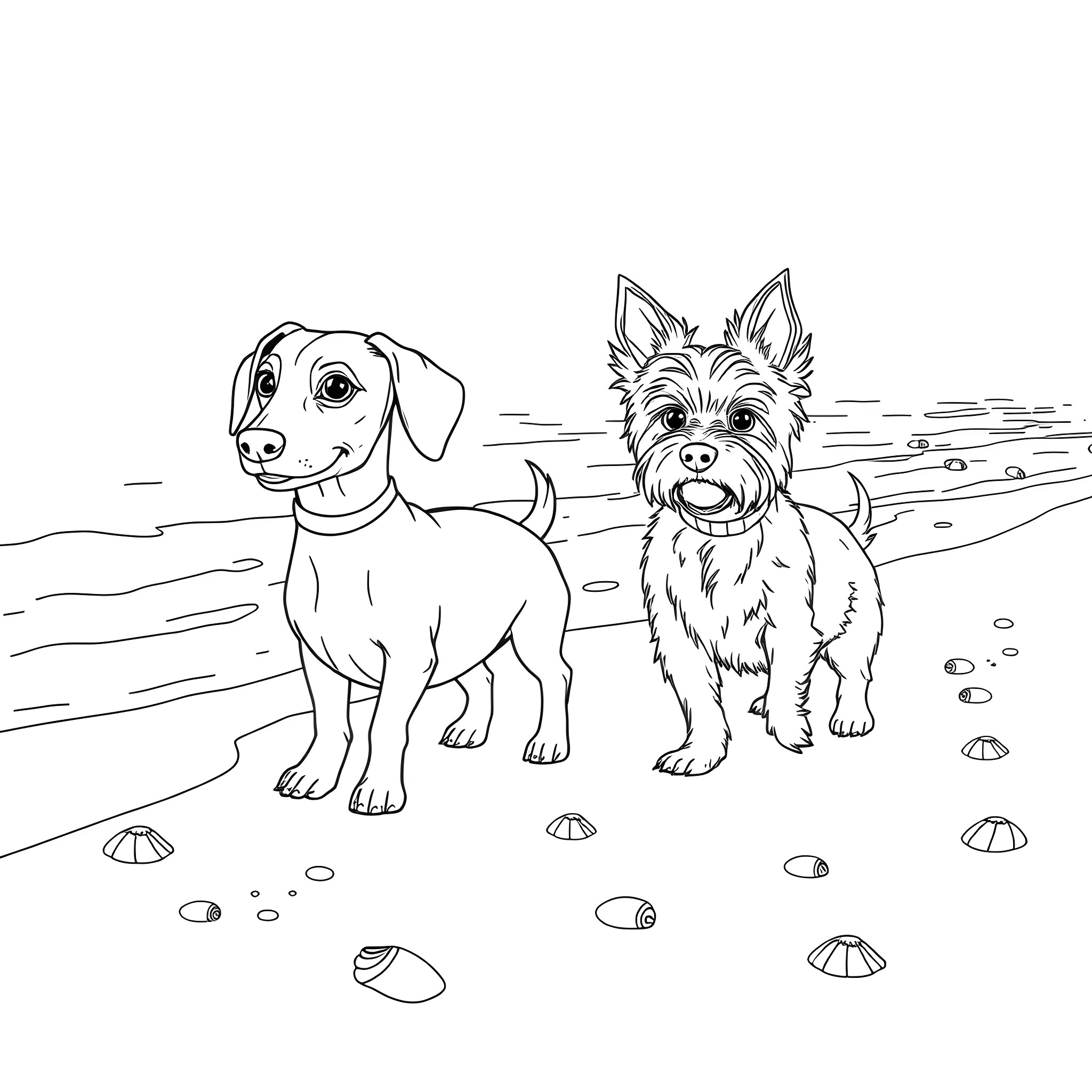 Dogs playing happily on the beach Coloring Page (free black-and-white line drawing printable PDF for all, from beginners to advanced learners, including children, teens, adults, and seniors)