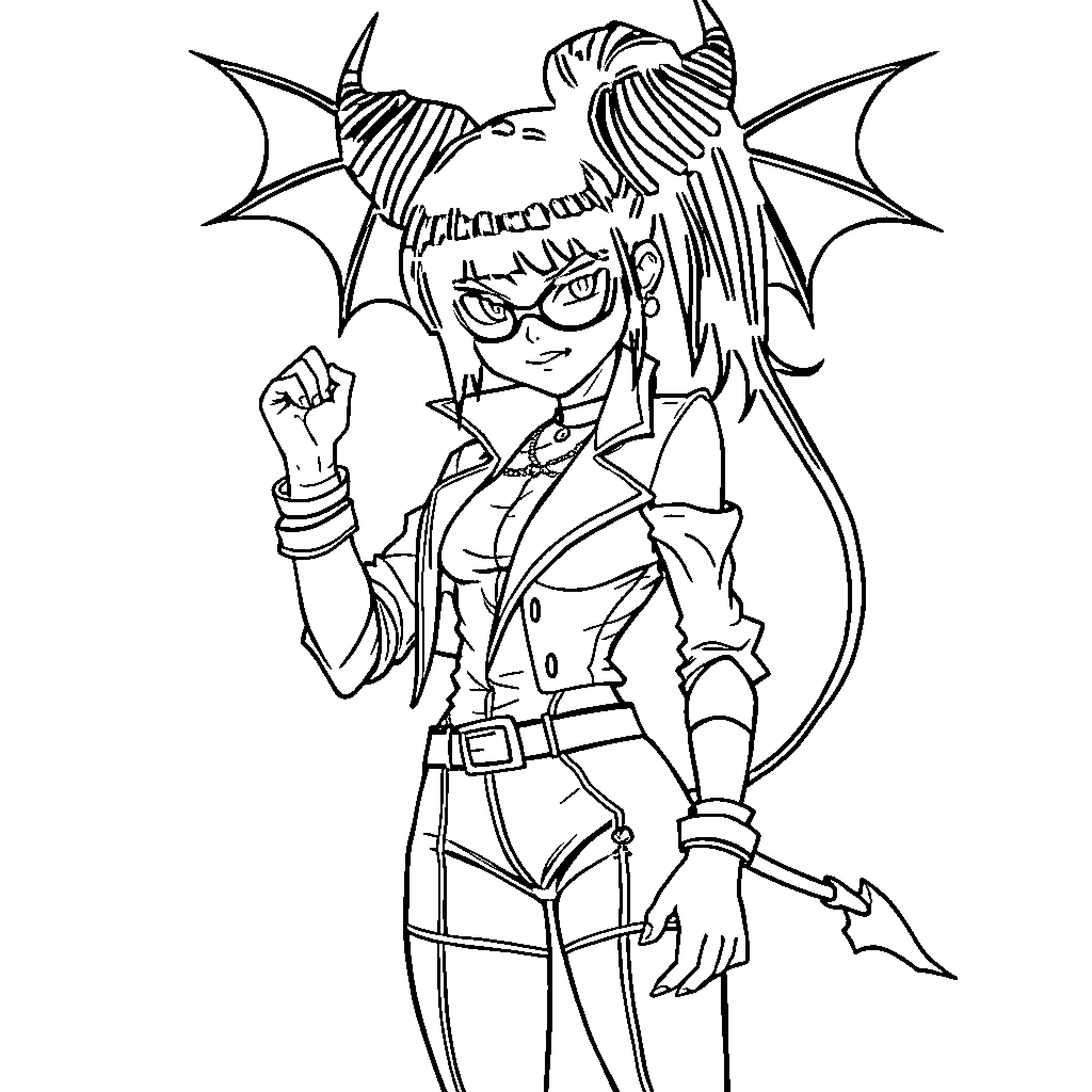 Mira's Confident Demon-Inspired Style Coloring Page (free black-and-white line drawing printable PDF for all, from beginners to advanced learners, including children, teens, adults, and seniors)
