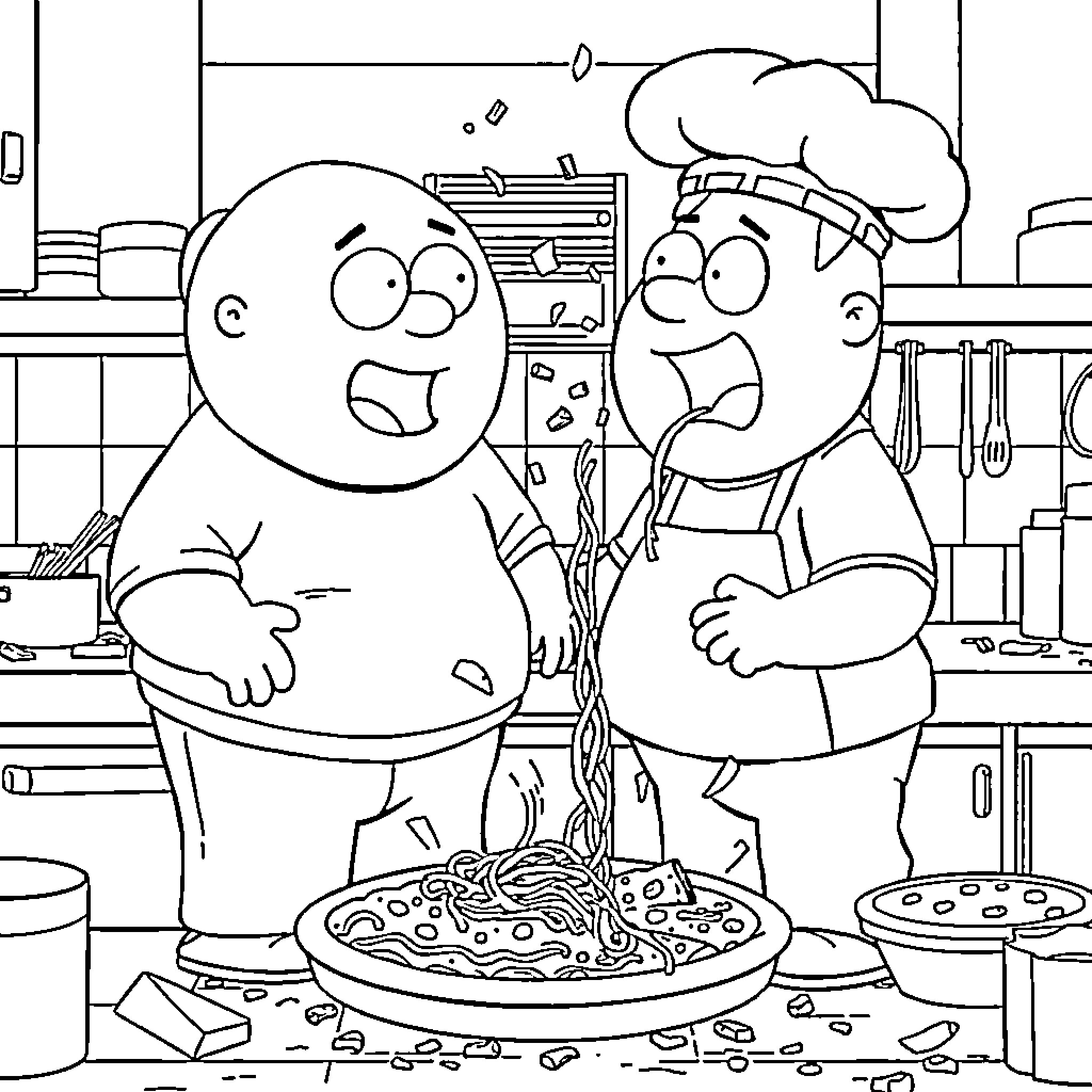 Cartoon Characters Cooking and Preparing Meal in Kitchen Coloring Page (free black-and-white line drawing printable PDF for all, from beginners to advanced learners, including children, teens, adults, and seniors)