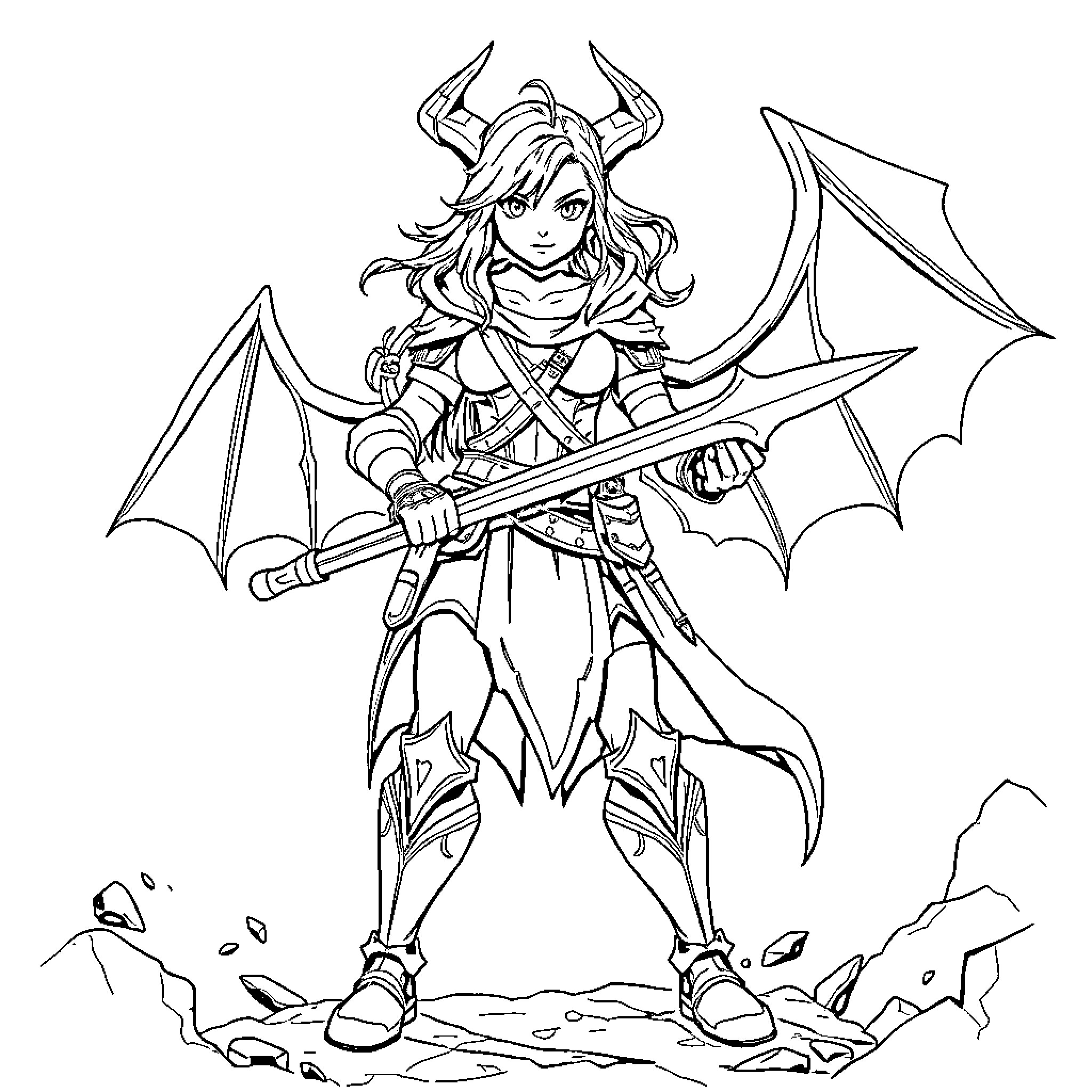 Zoë, the Valiant Demon Slayer Coloring Page (free black-and-white line drawing printable PDF for all, from beginners to advanced learners, including children, teens, adults, and seniors)