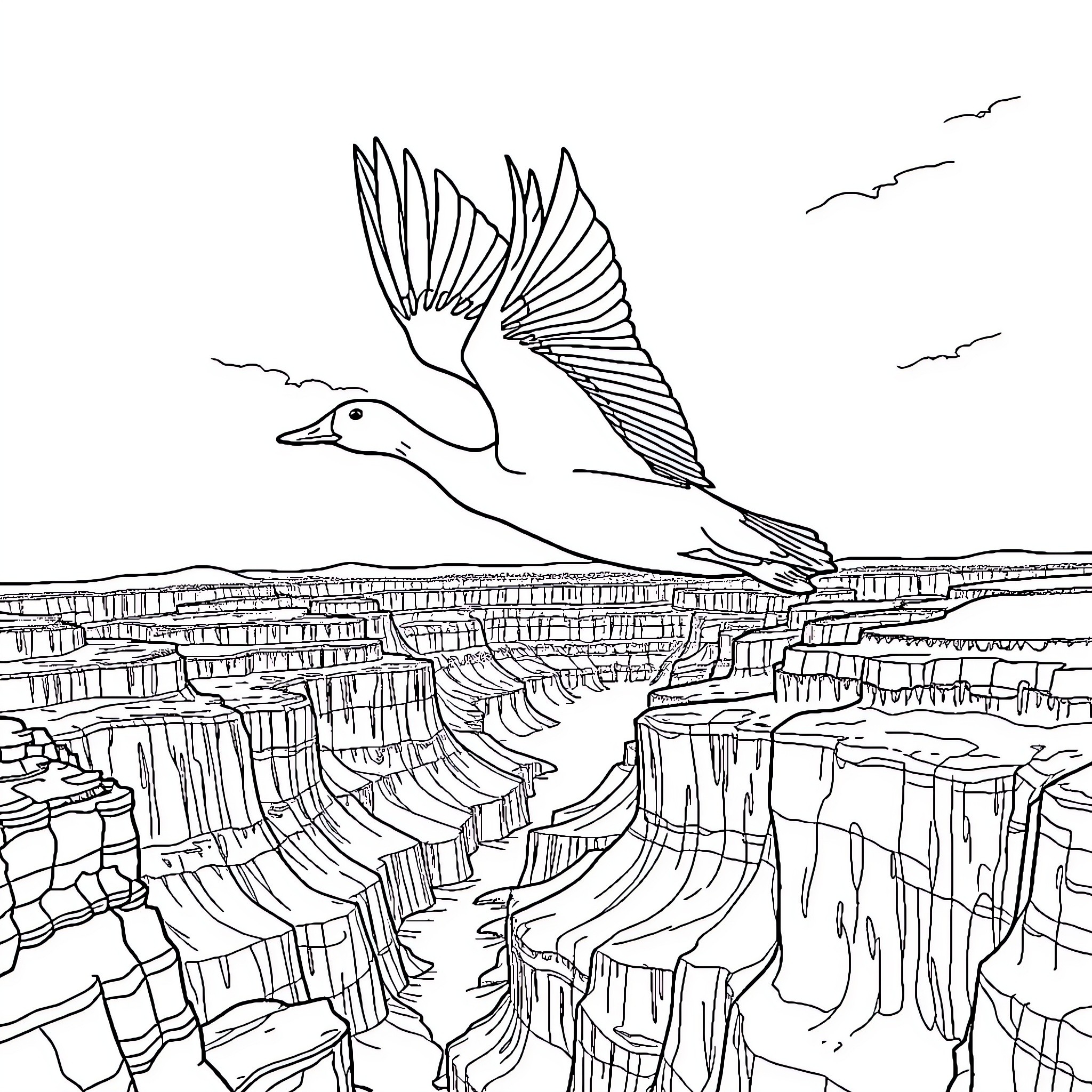Duck soaring over rugged canyon landscape Coloring Page (free black-and-white line drawing printable PDF for all, from beginners to advanced learners, including children, teens, adults, and seniors)