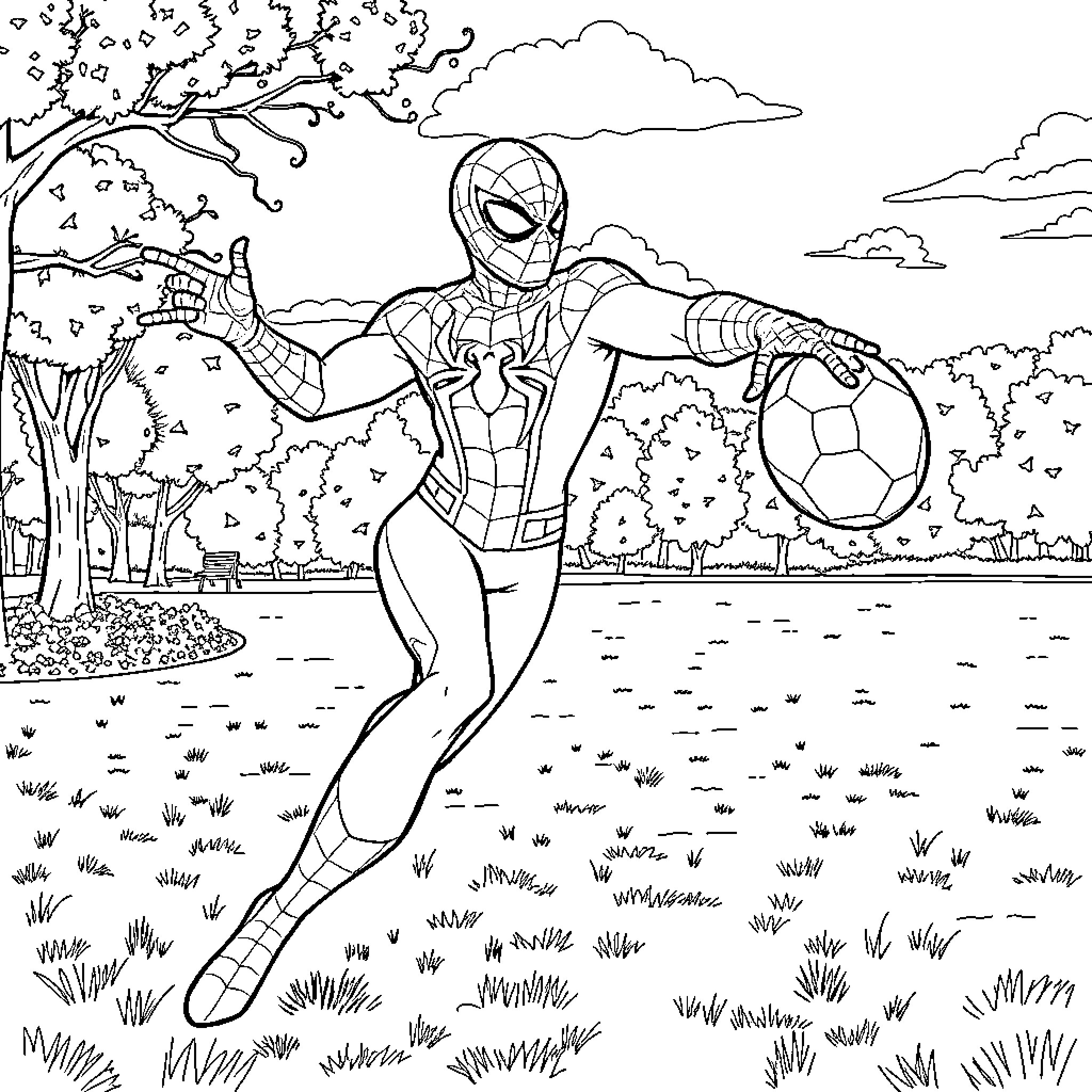 Spiderman playing soccer in the park Coloring Page (free black-and-white line drawing printable PDF for all, from beginners to advanced learners, including children, teens, adults, and seniors)