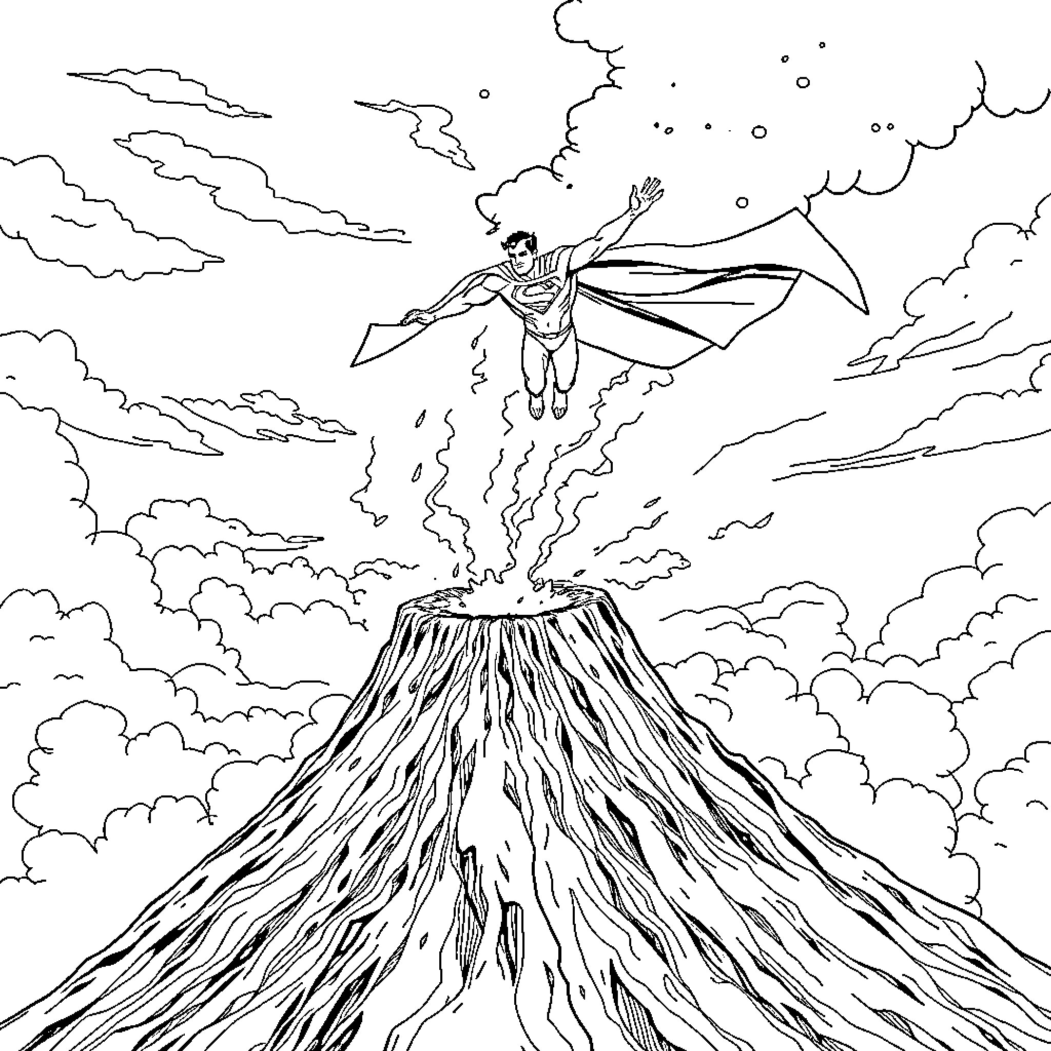 Superman soaring through the sky above volcanic eruption Coloring Page (free black-and-white line drawing printable PDF for all, from beginners to advanced learners, including children, teens, adults, and seniors)