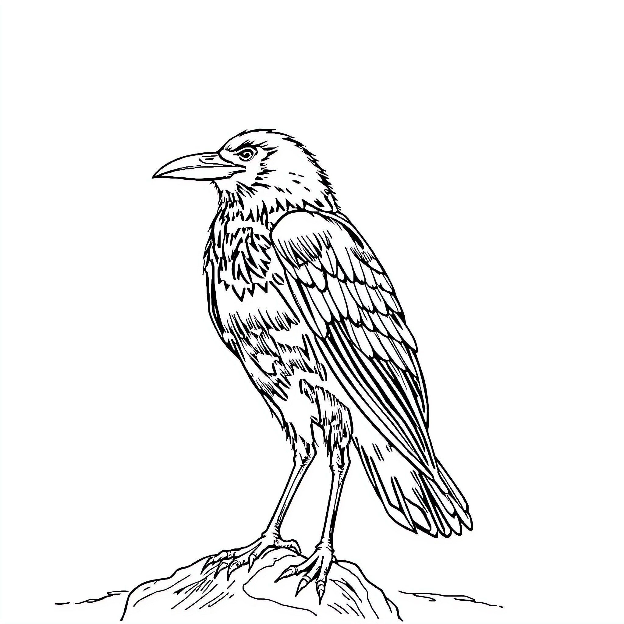 Crow perched with attentive gaze Coloring Page (free black-and-white line drawing printable PDF for all, from beginners to advanced learners, including children, teens, adults, and seniors)