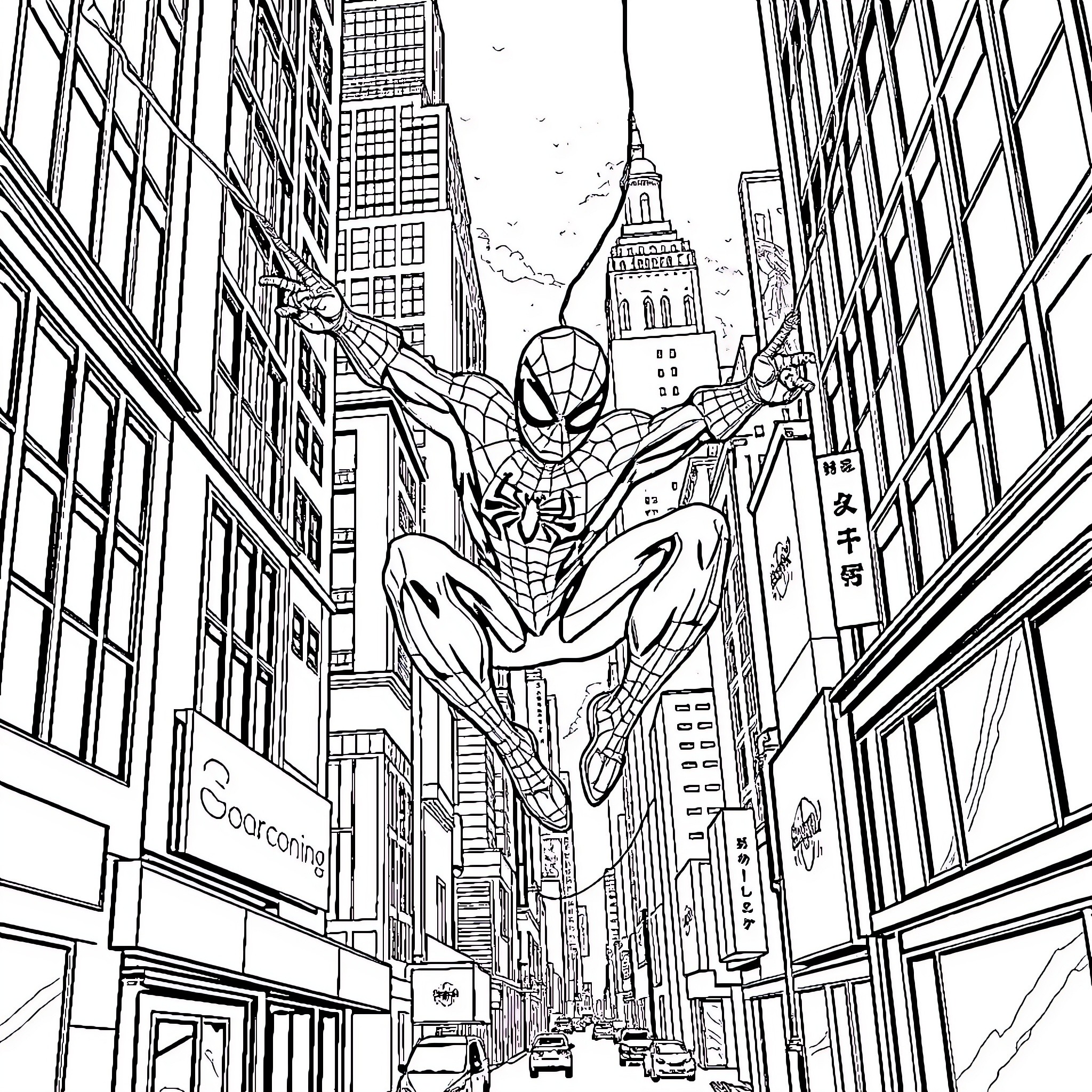 Spider-Man swinging through the city skyline Coloring Page (free black-and-white line drawing printable PDF for all, from beginners to advanced learners, including children, teens, adults, and seniors)