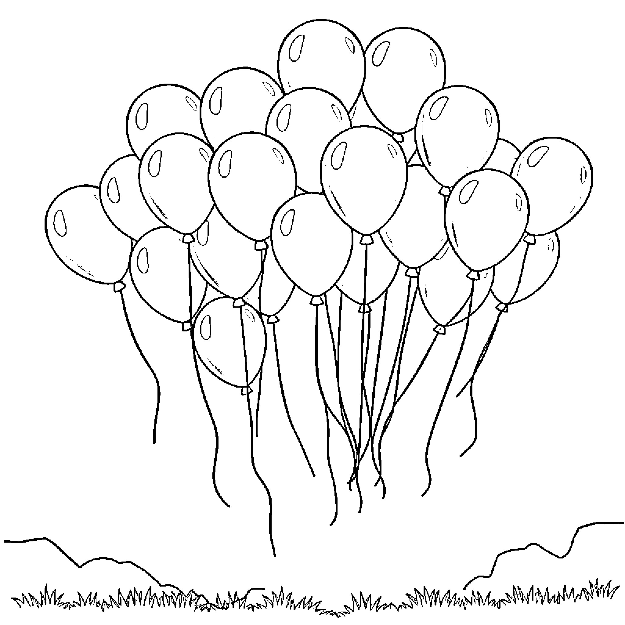Balloon bunch floating in the sky Coloring Page (free black-and-white line drawing printable PDF for all, from beginners to advanced learners, including children, teens, adults, and seniors)