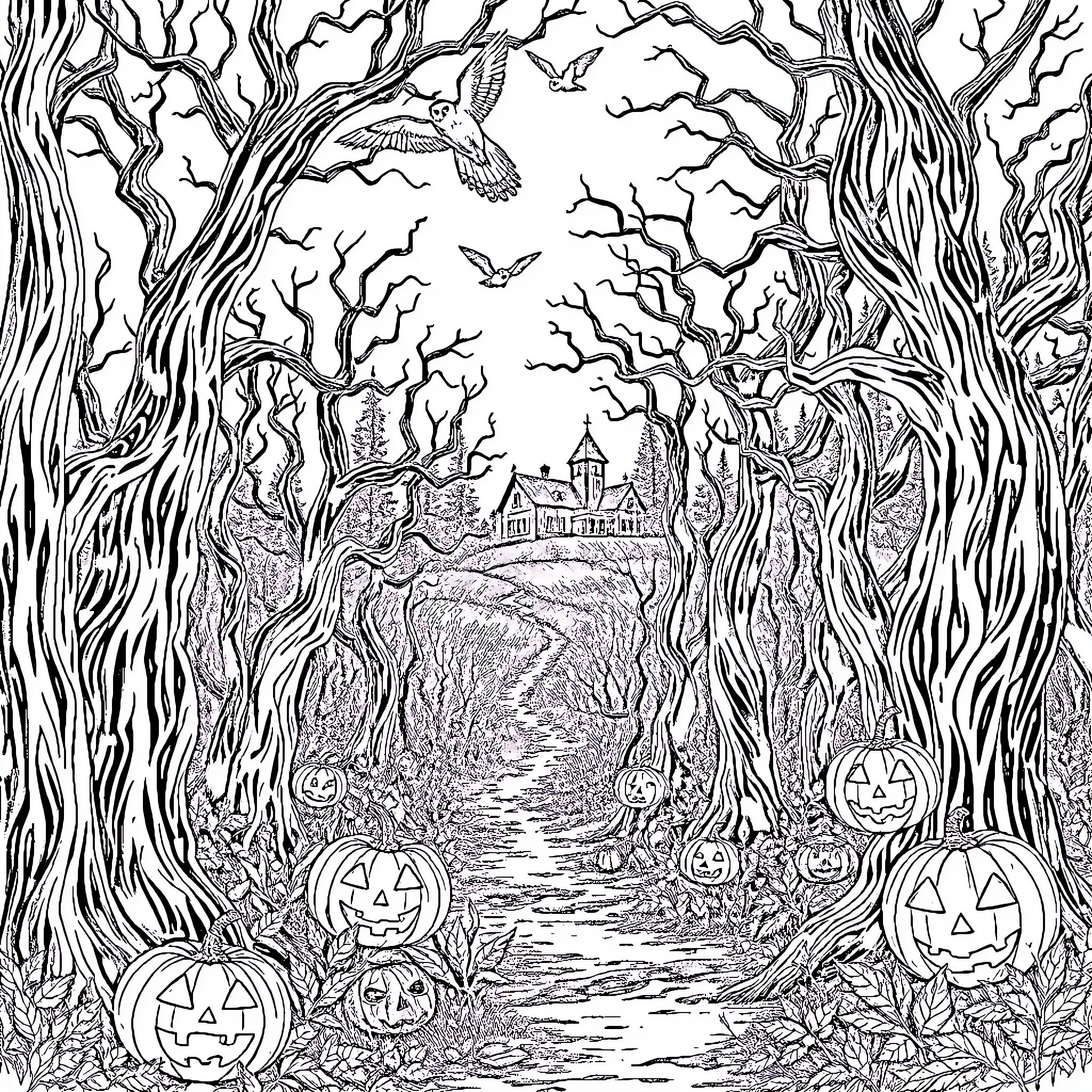 Forest Path to Haunted Castle on Halloween Coloring Page (free black-and-white line drawing printable PDF for all, from beginners to advanced learners, including children, teens, adults, and seniors)