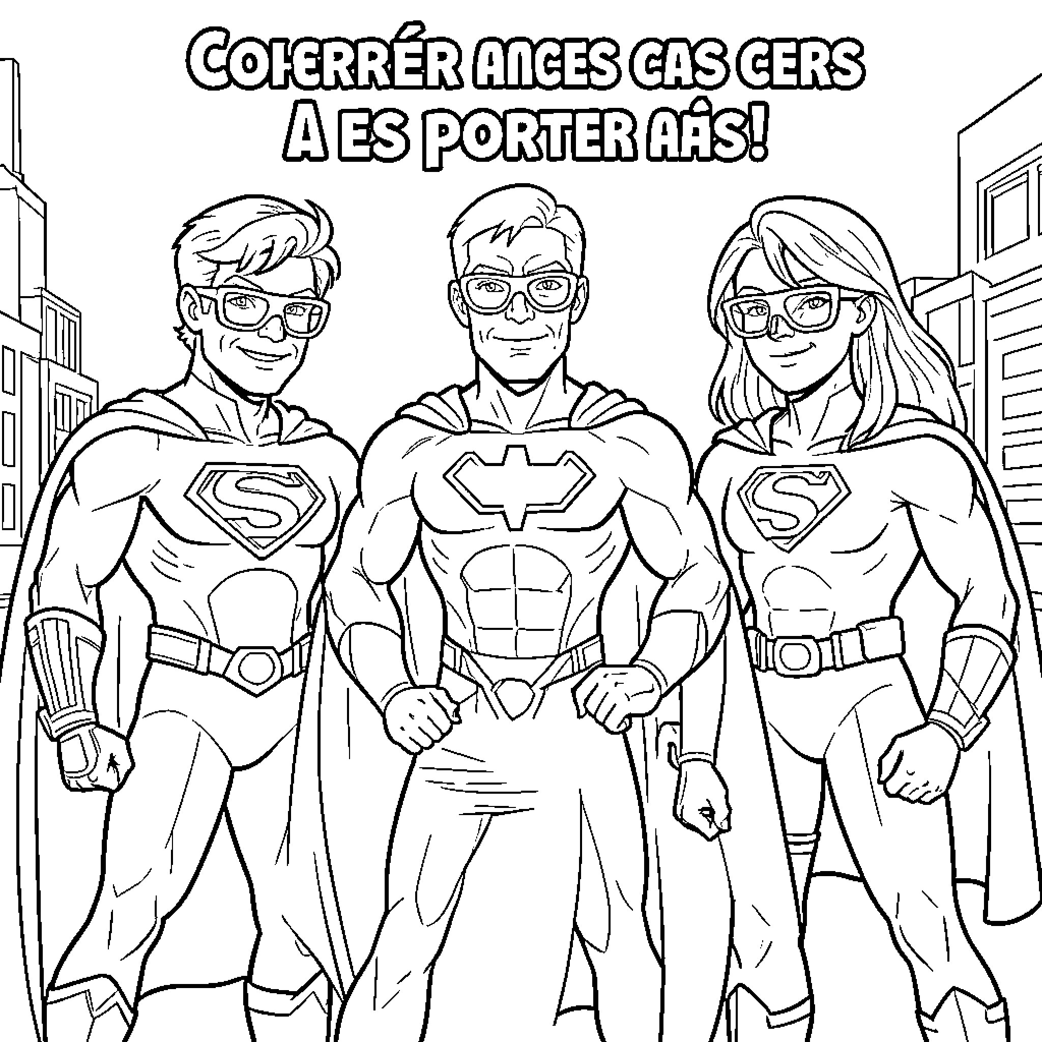 Superhero trio posing confidently in a city setting Coloring Page (free black-and-white line drawing printable PDF for all, from beginners to advanced learners, including children, teens, adults, and seniors)