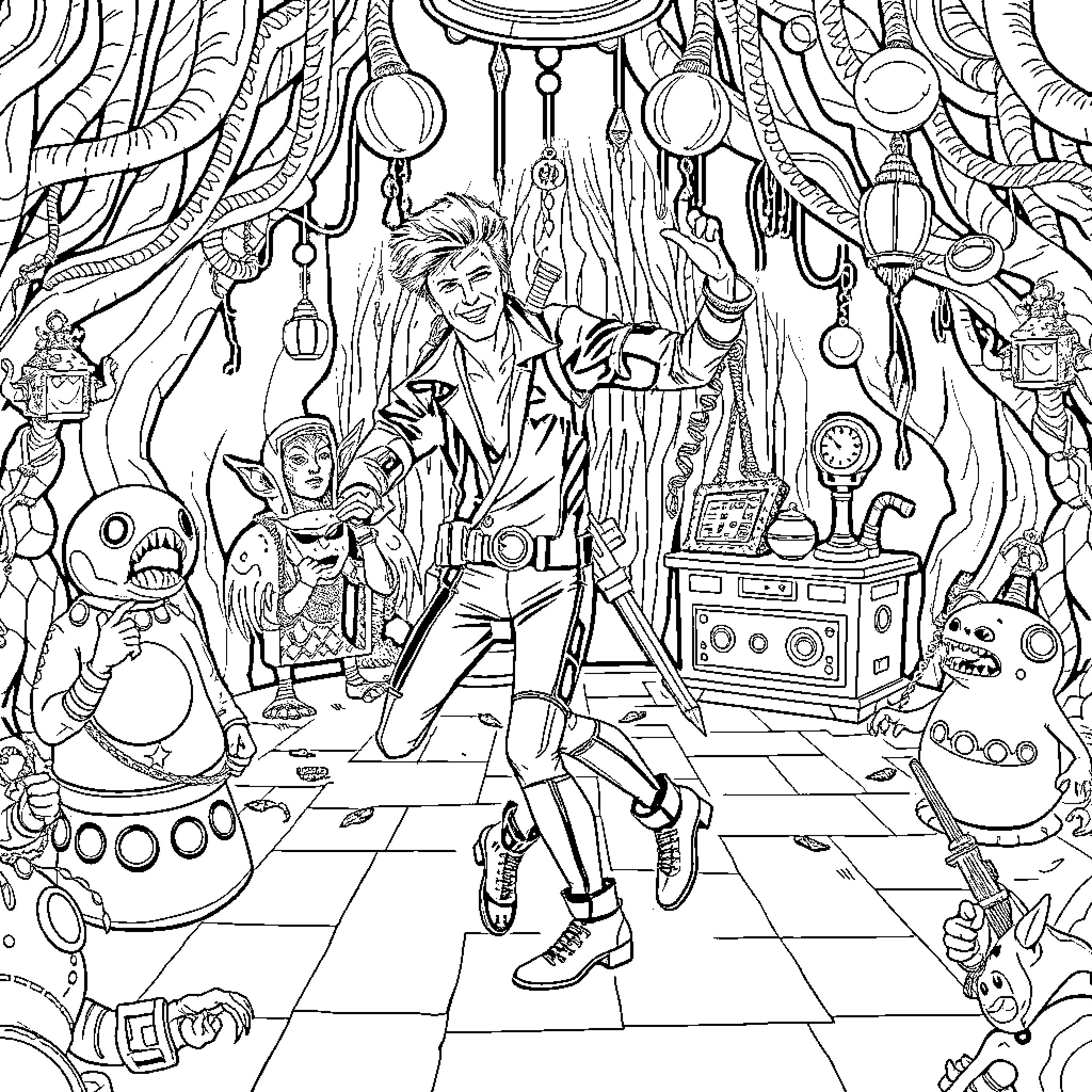 David Bowie's Quirky Intergalactic Adventure Coloring Page (free black-and-white line drawing printable PDF for all, from beginners to advanced learners, including children, teens, adults, and seniors)