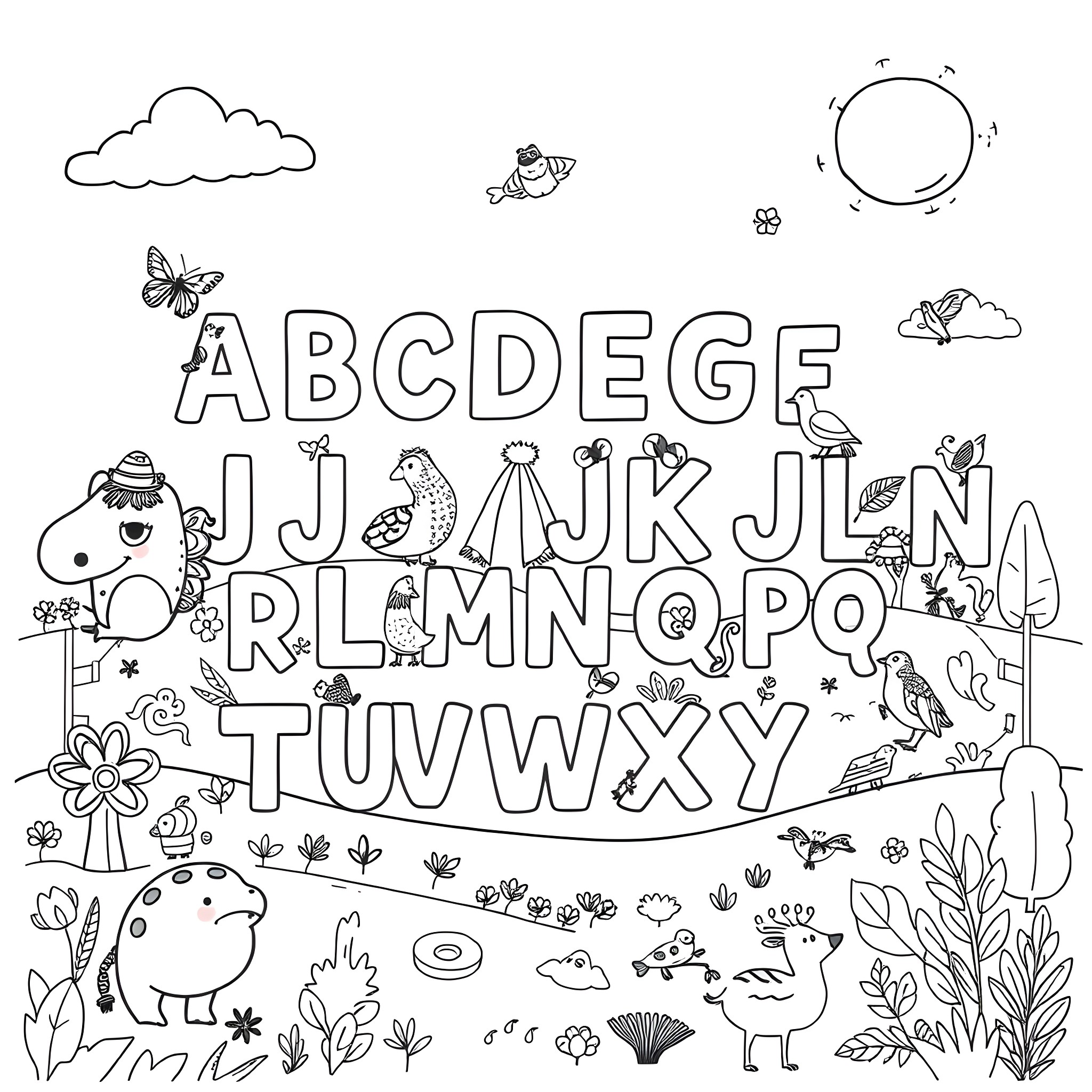 Alphabet animals and nature scene Coloring Page (free black-and-white line drawing printable PDF for all, from beginners to advanced learners, including children, teens, adults, and seniors)