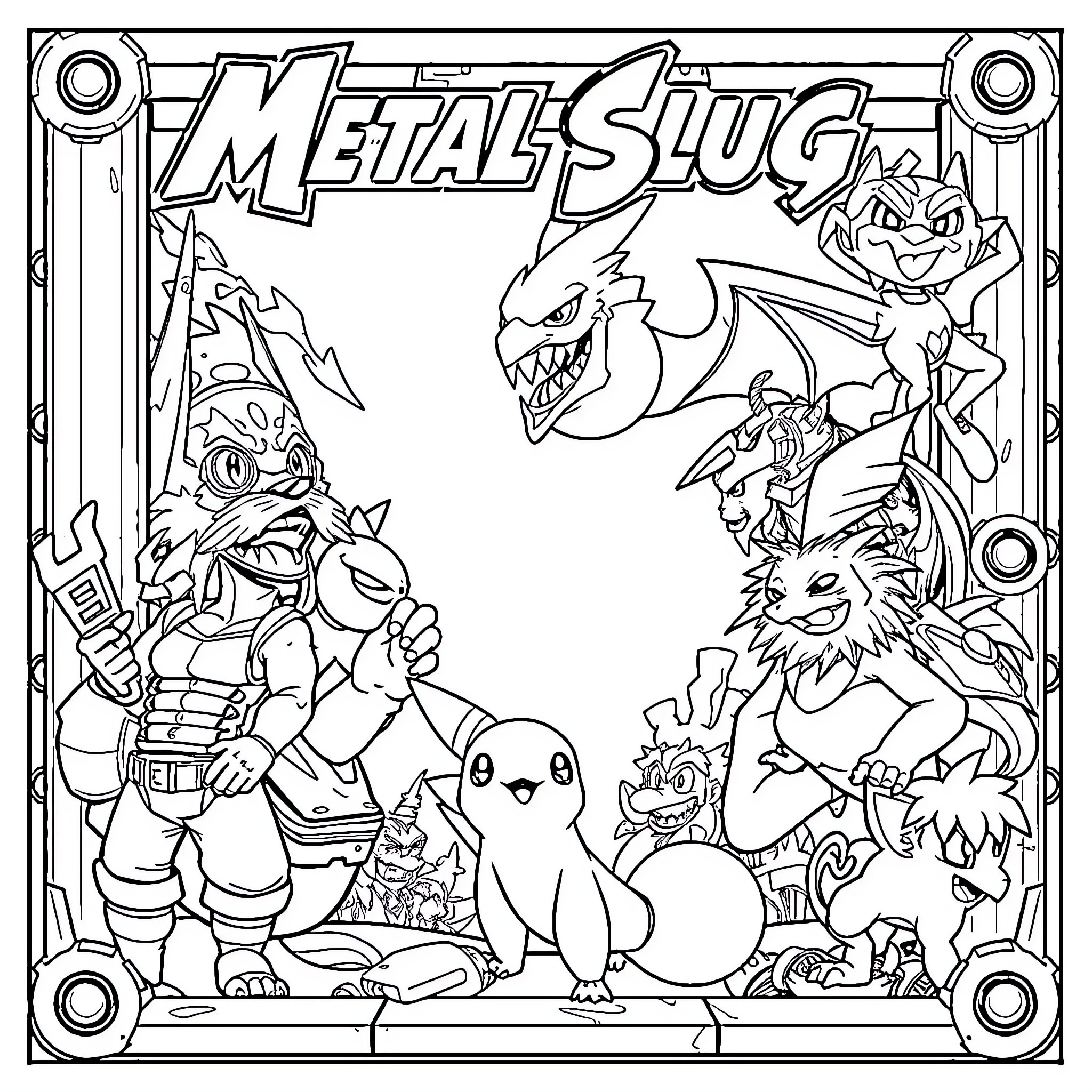 Pokémon characters in an action-packed scene Coloring Page (free black-and-white line drawing printable PDF for all, from beginners to advanced learners, including children, teens, adults, and seniors)