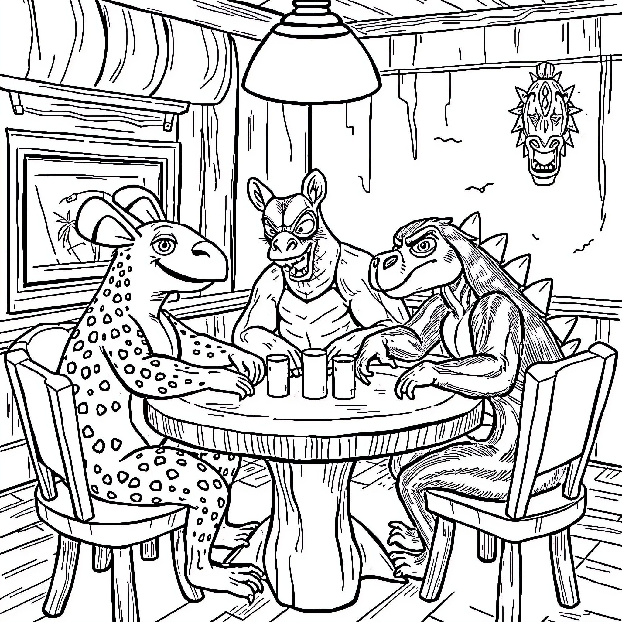 Pingouin creatures having a friendly gathering Coloring Page (free black-and-white line drawing printable PDF for all, from beginners to advanced learners, including children, teens, adults, and seniors)