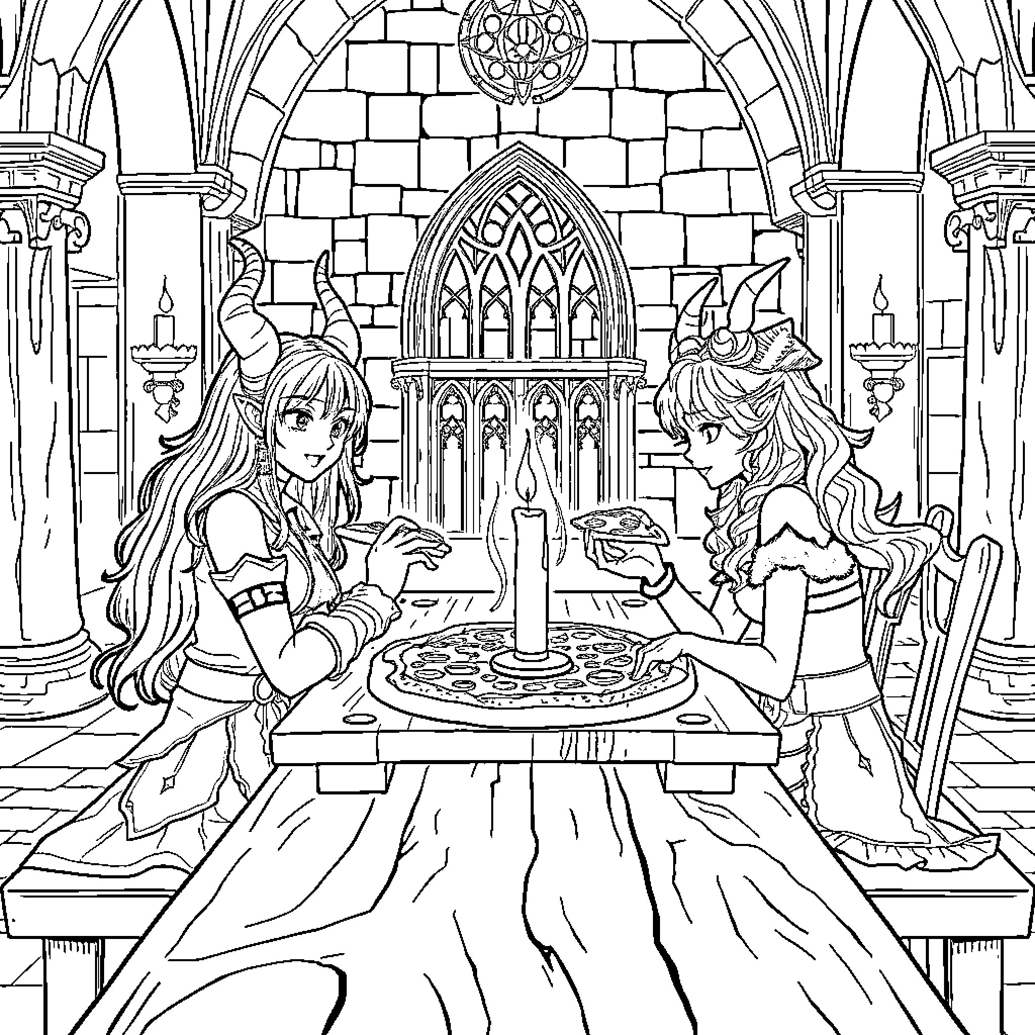 Demon Hunter's Banquet in Gothic Cathedral Coloring Page (free black-and-white line drawing printable PDF for all, from beginners to advanced learners, including children, teens, adults, and seniors)