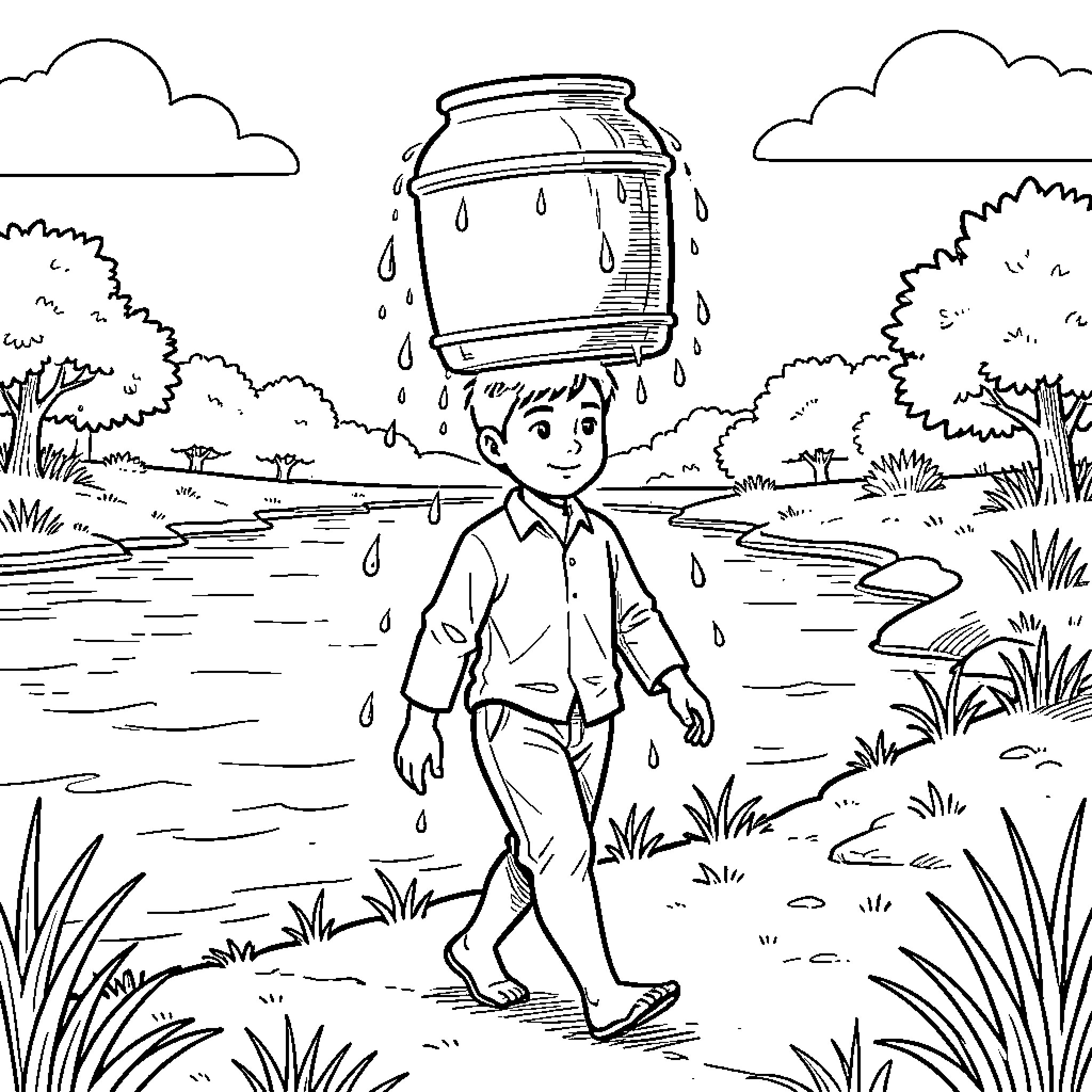 Boy carrying heavy water container in nature Coloring Page (free black-and-white line drawing printable PDF for all, from beginners to advanced learners, including children, teens, adults, and seniors)
