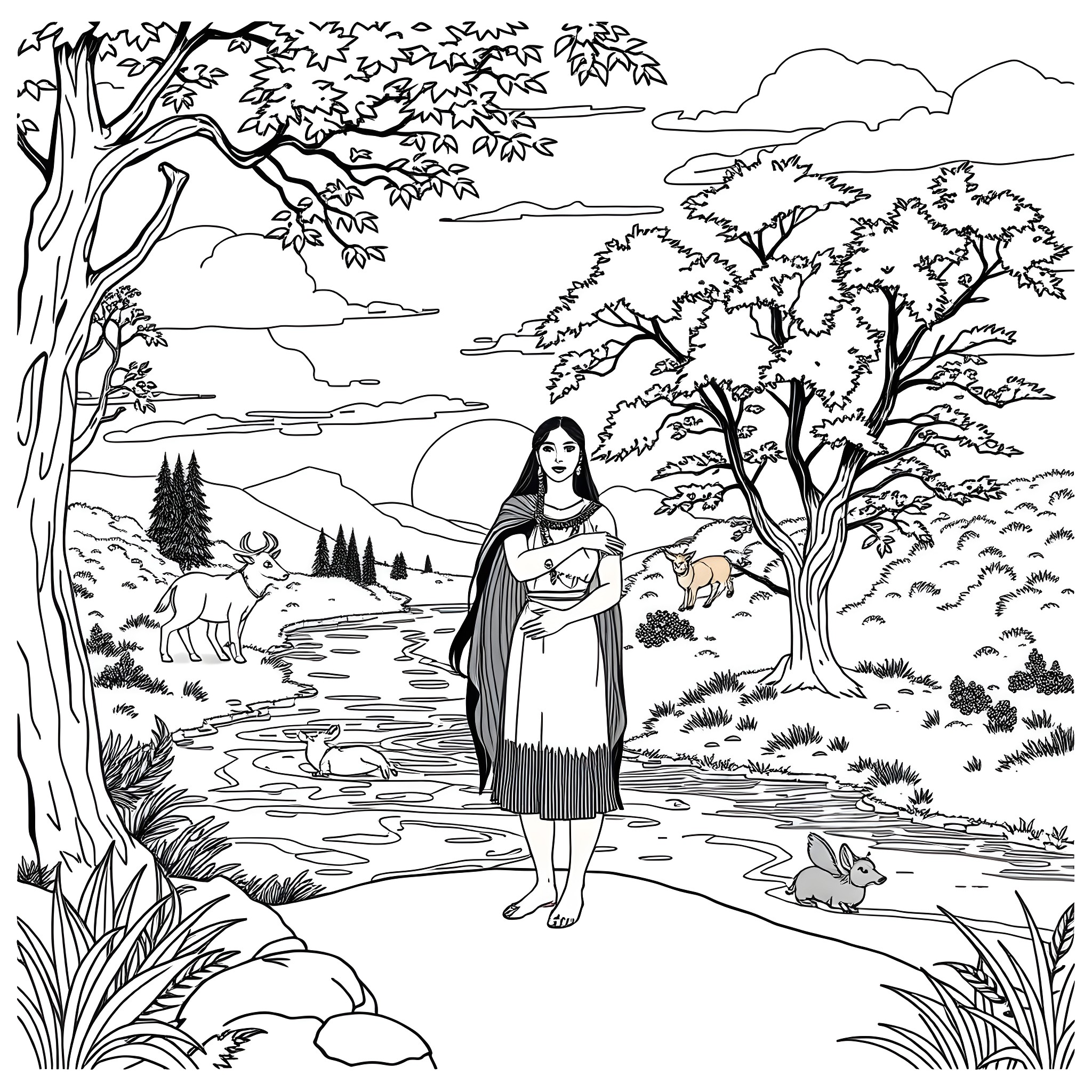 Pocahontas in a serene woodland landscape Coloring Page (free black-and-white line drawing printable PDF for all, from beginners to advanced learners, including children, teens, adults, and seniors)