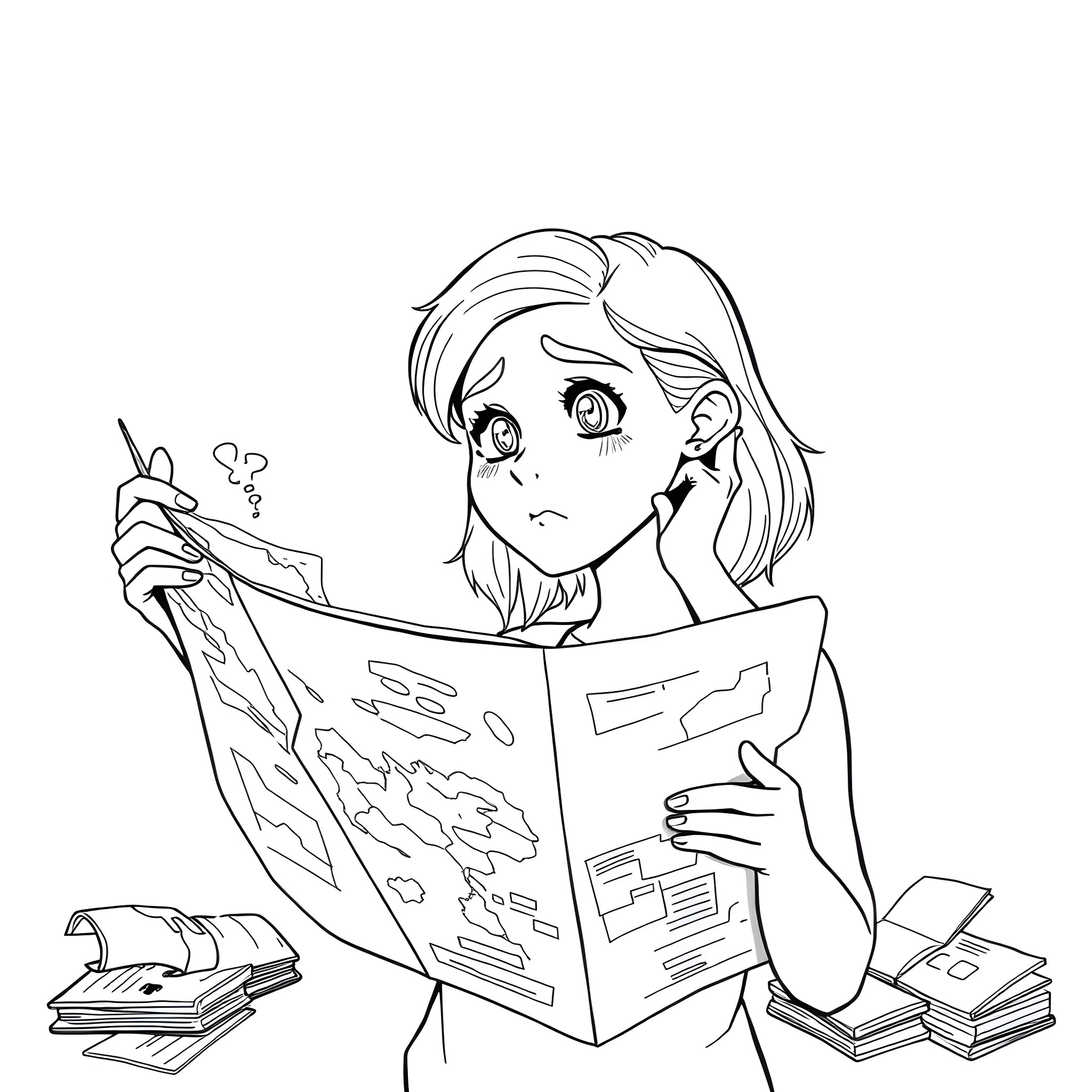 Person reading a book with a concerned expression Coloring Page (free black-and-white line drawing printable PDF for all, from beginners to advanced learners, including children, teens, adults, and seniors)