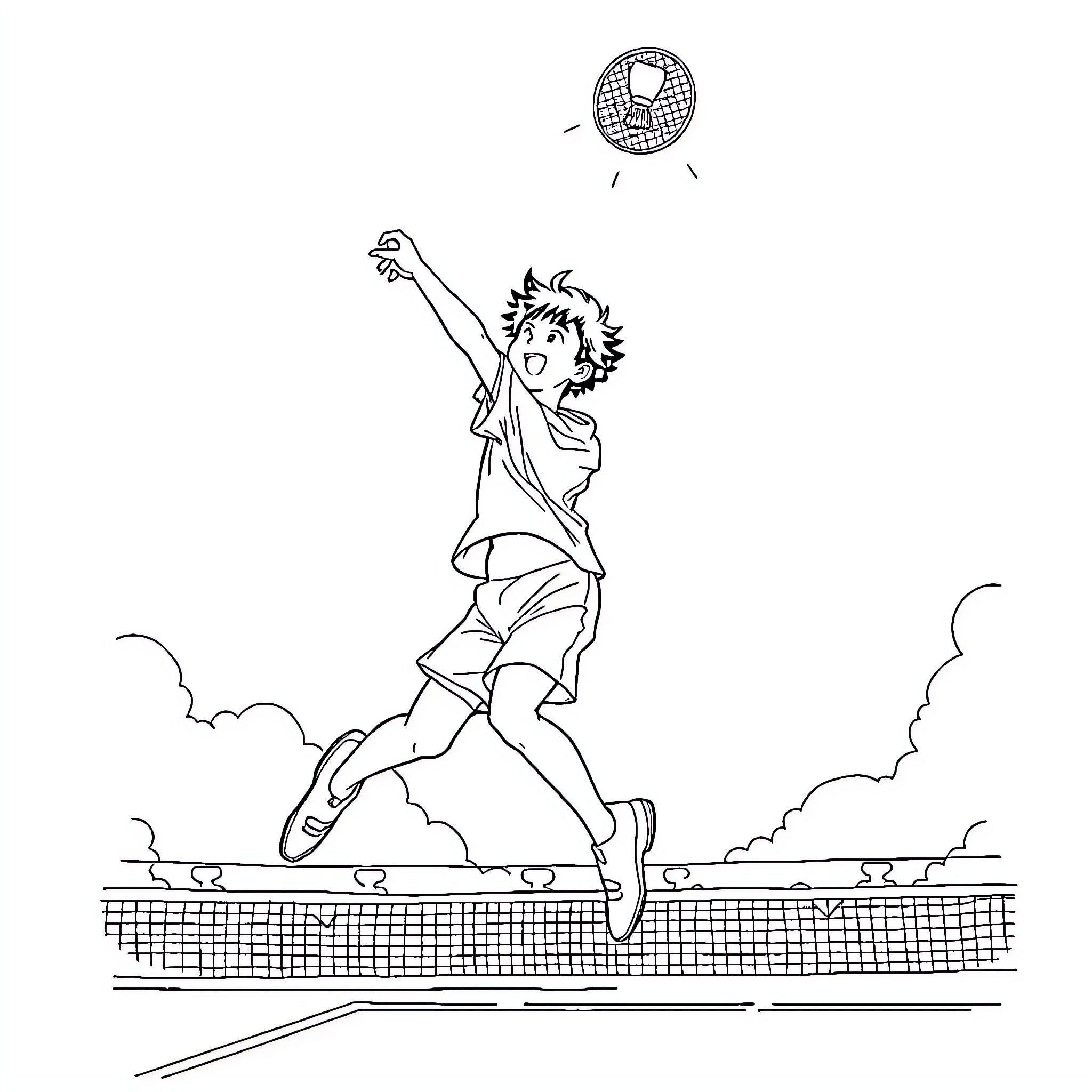 Nishinoya playing energetic tennis on the court Coloring Page (free black-and-white line drawing printable PDF for all, from beginners to advanced learners, including children, teens, adults, and seniors)