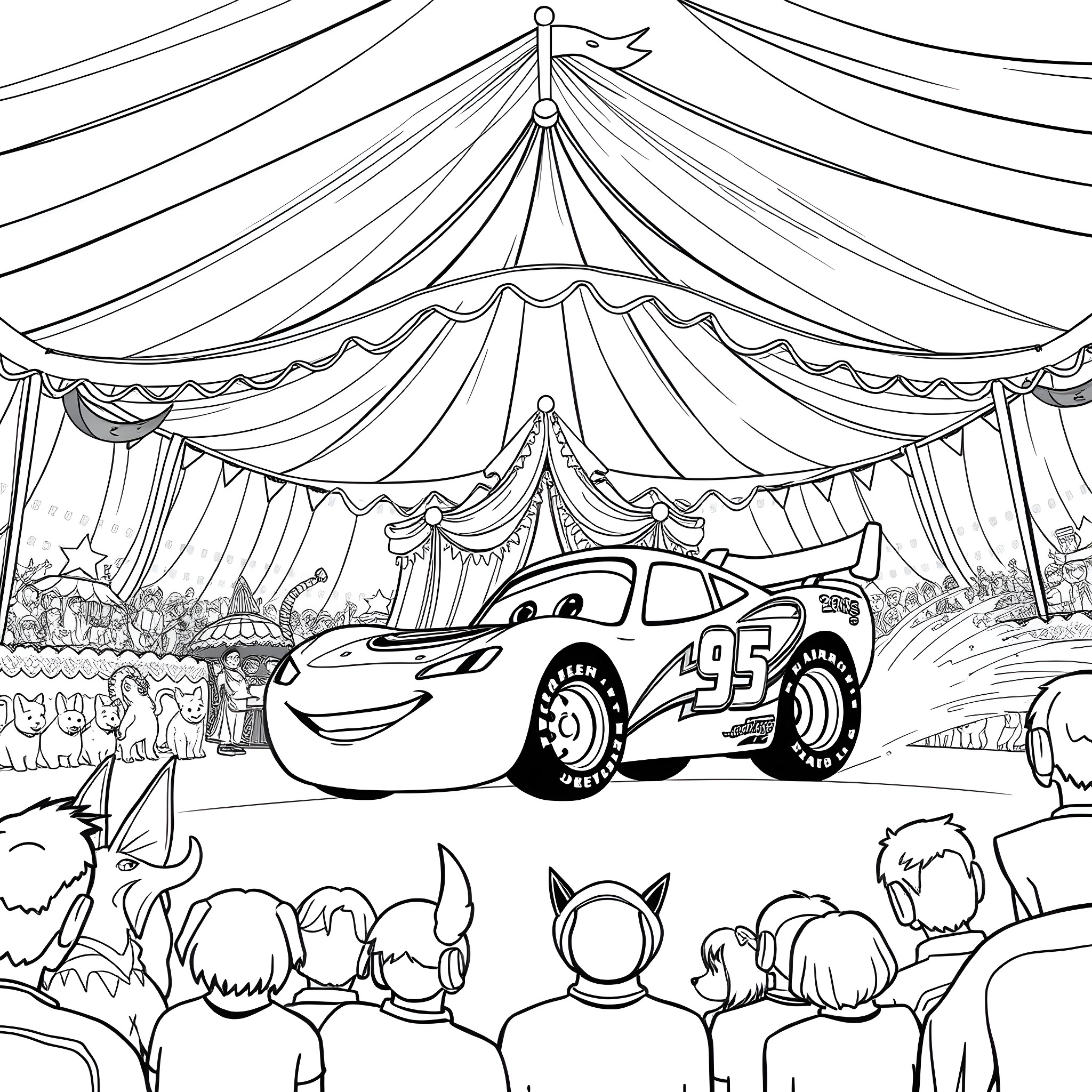 Lightning McQueen performs stunts at the circus Coloring Page (free black-and-white line drawing printable PDF for all, from beginners to advanced learners, including children, teens, adults, and seniors)