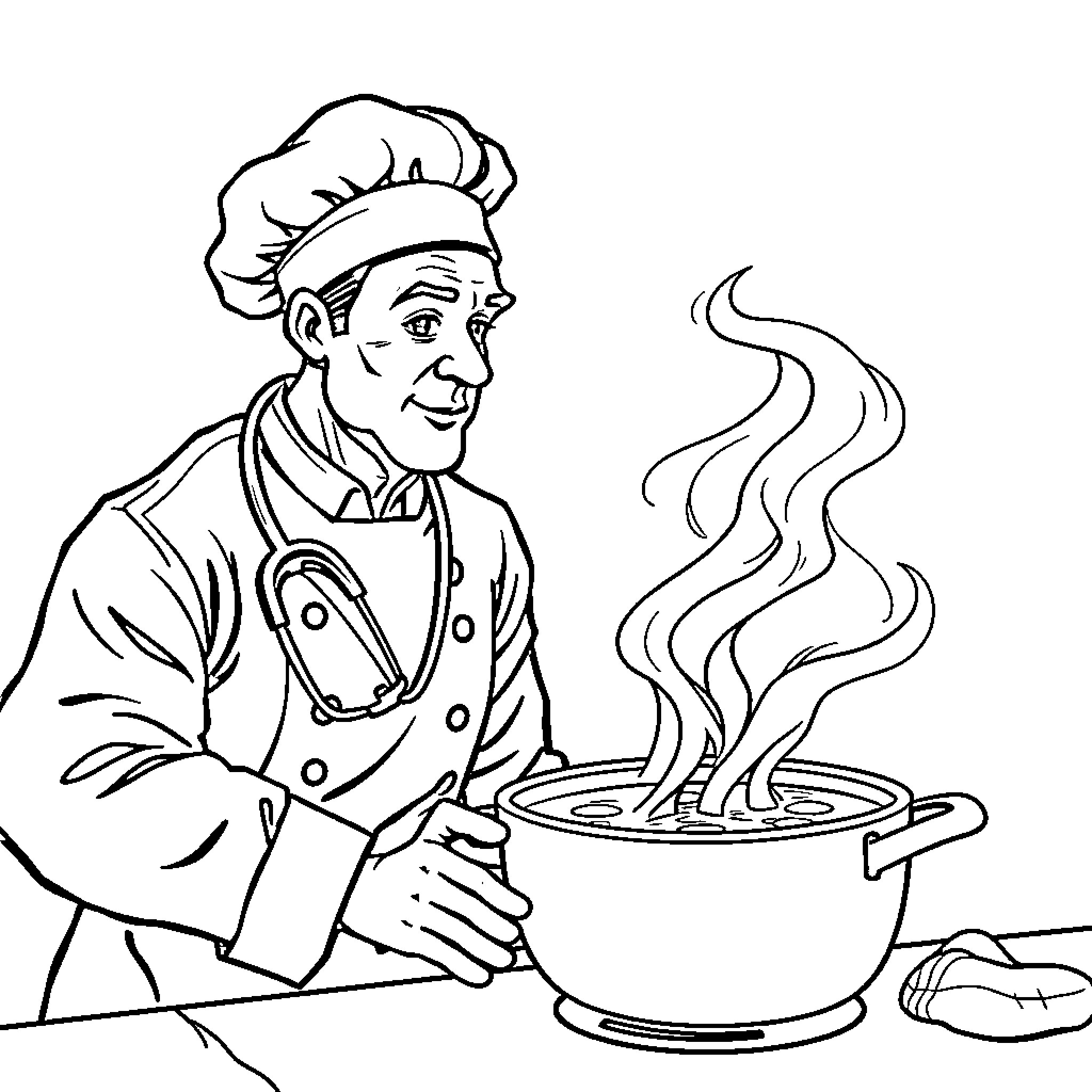 Chef Preparing Steaming Hot Dish in the Kitchen Coloring Page (free black-and-white line drawing printable PDF for all, from beginners to advanced learners, including children, teens, adults, and seniors)