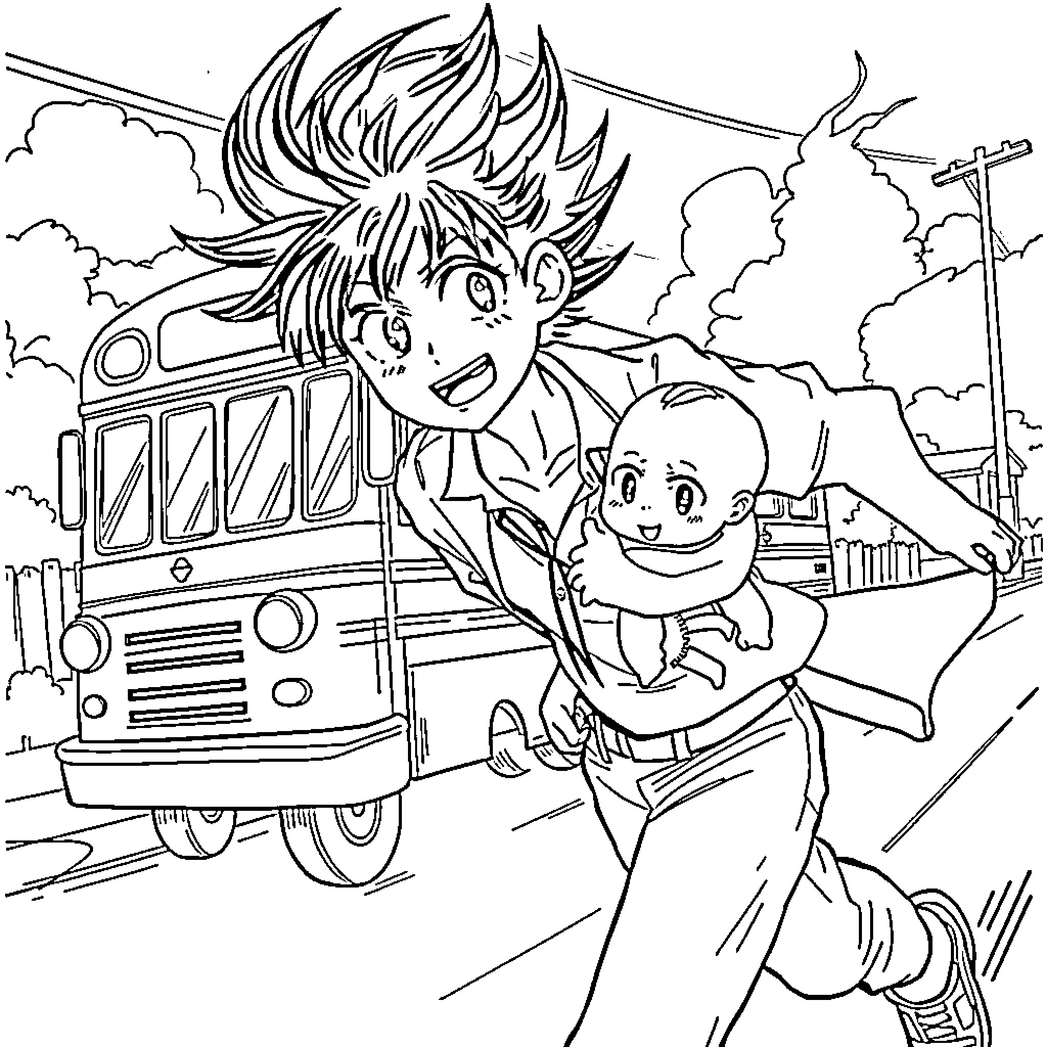 Zenitsu and Nezuko's Adventure on the Train Coloring Page (free black-and-white line drawing printable PDF for all, from beginners to advanced learners, including children, teens, adults, and seniors)