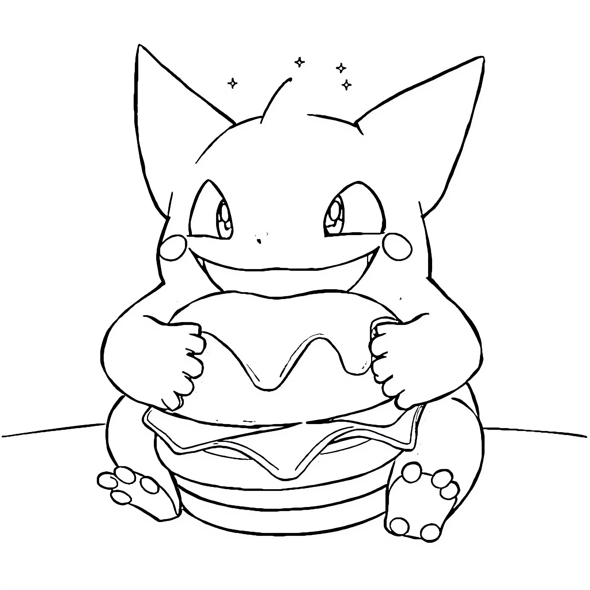 Gengar enjoying a tasty burger Coloring Page (free black-and-white line drawing printable PDF for all, from beginners to advanced learners, including children, teens, adults, and seniors)