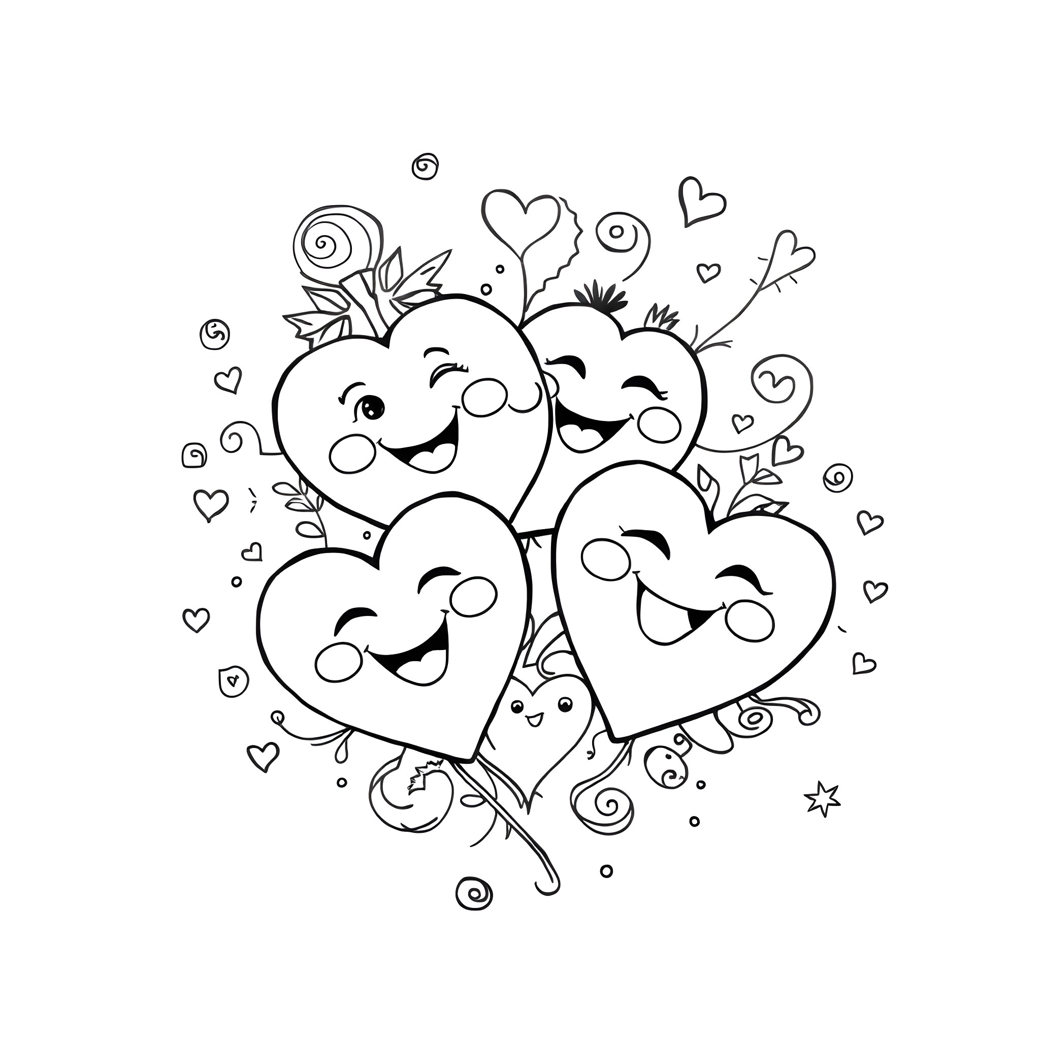 Heart-shaped Joyful Characters with Floral Accents Coloring Page (free black-and-white line drawing printable PDF for all, from beginners to advanced learners, including children, teens, adults, and seniors)