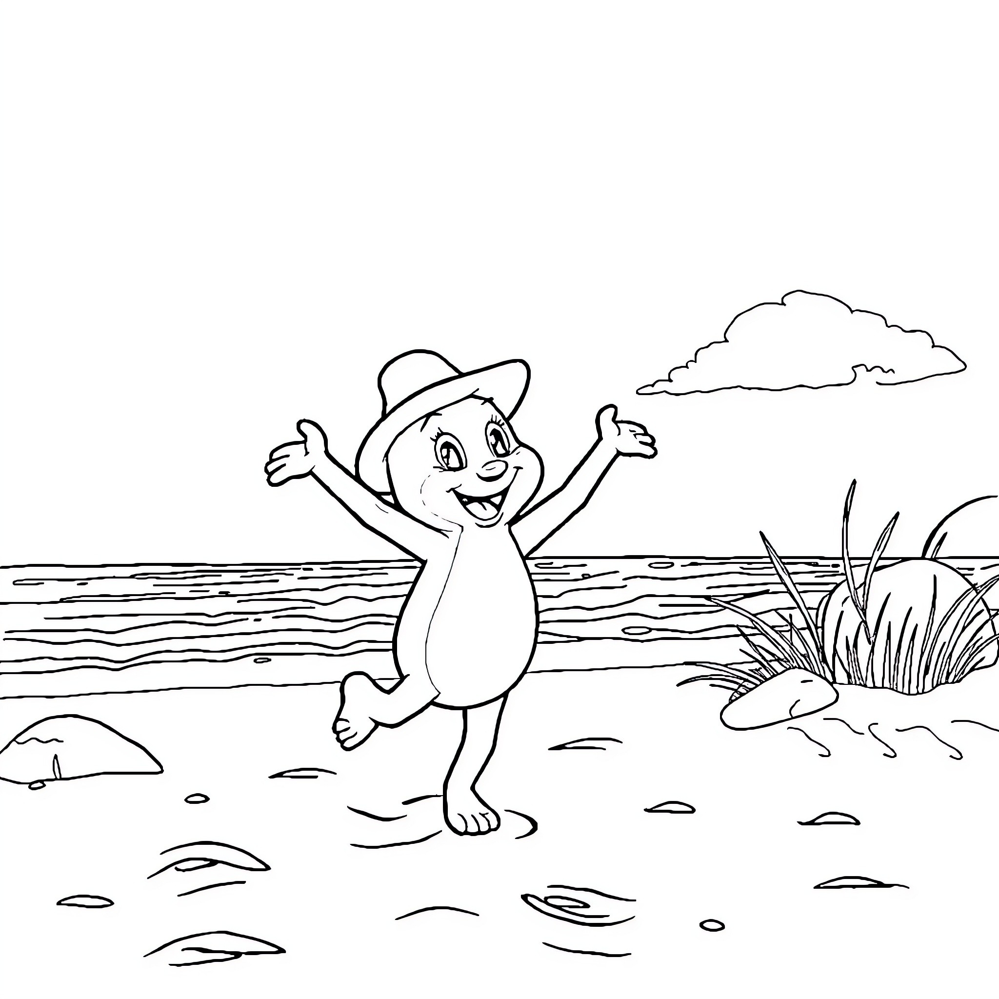 Bluey Playing Happily at the Beach Coloring Page (free black-and-white line drawing printable PDF for all, from beginners to advanced learners, including children, teens, adults, and seniors)